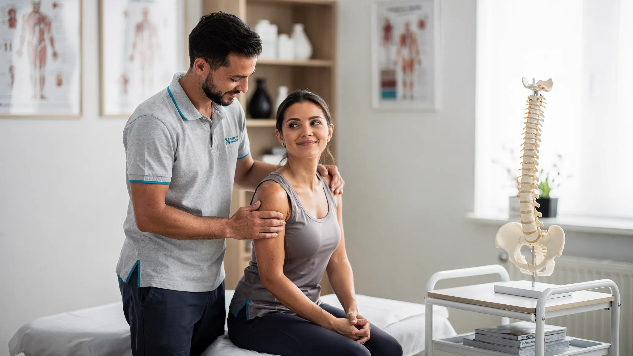 Manual Therapy vs Chiropractic: What’s the Difference? 1 A clinician performs gentle hands-on therapy on a patient’s shoulder while a spine model sits nearby, representing the overlap between manual therapy and chiropractic care.