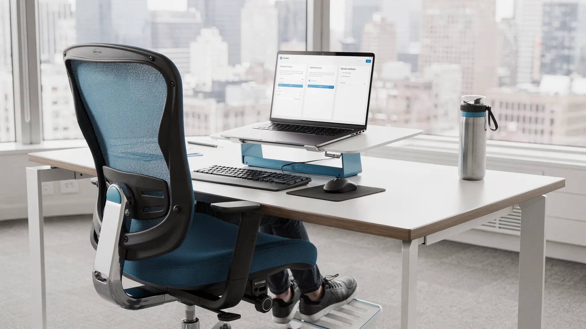 Manhattan Spine Health Tips for Desk Workers 1 A neat Manhattan office workstation with an adjustable chair, laptop raised to eye level, external keyboard and mouse, supportive foot position, and a water bottle on the desk. The screen faces the seated worker correctly, with no objects hidden behind the laptop.