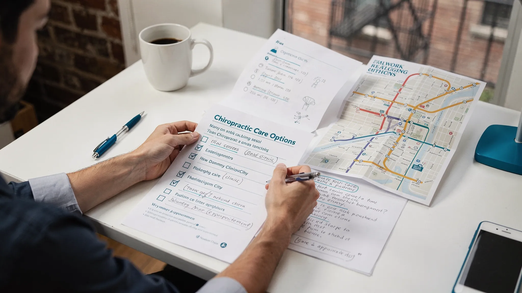 A New York City patient comparing chiropractic care options using a printed checklist, appointment notes, and a subway map on a desk.