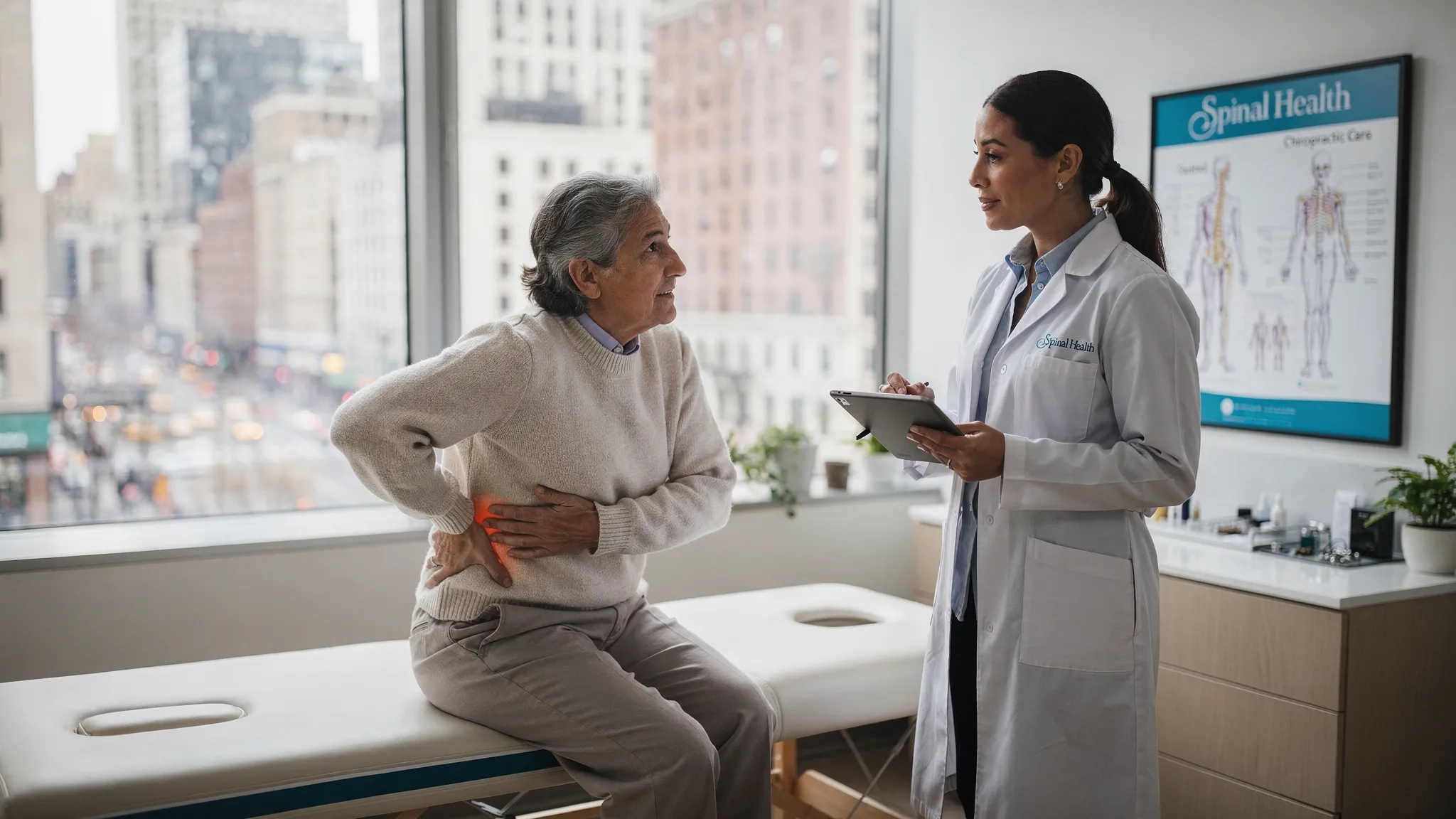 Need Chiro Care Today? How Same-Day Booking Works 1 A patient in comfortable clothing speaks with a chiropractic provider in a clean Manhattan clinic exam room while discussing back pain and same-day care options.