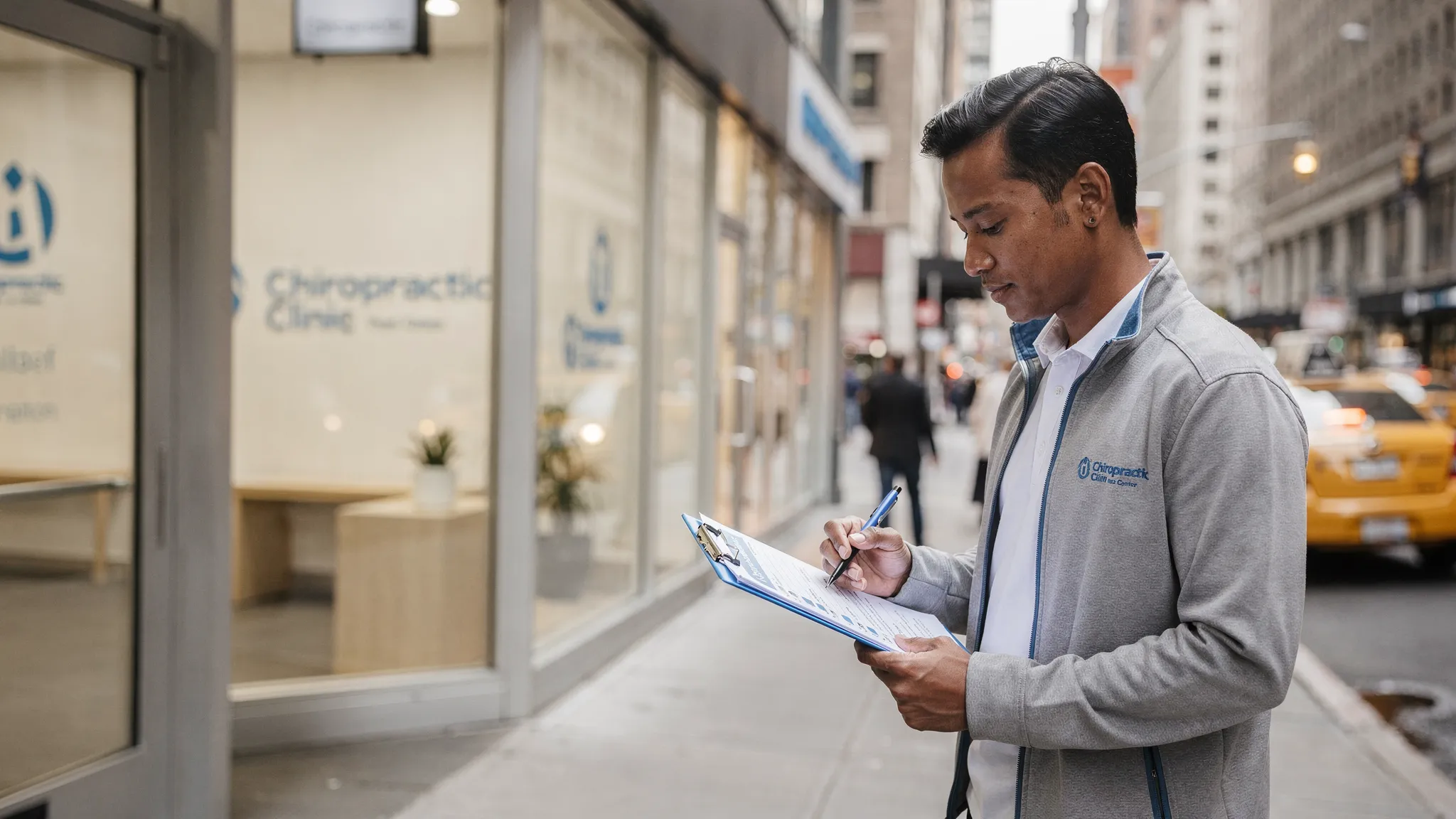 How to Compare Chiro Clinics in Manhattan With Confidence 1 A person in Manhattan reviewing a checklist outside a chiropractic clinic, with city buildings, sidewalks, and a calm healthcare setting in the background.