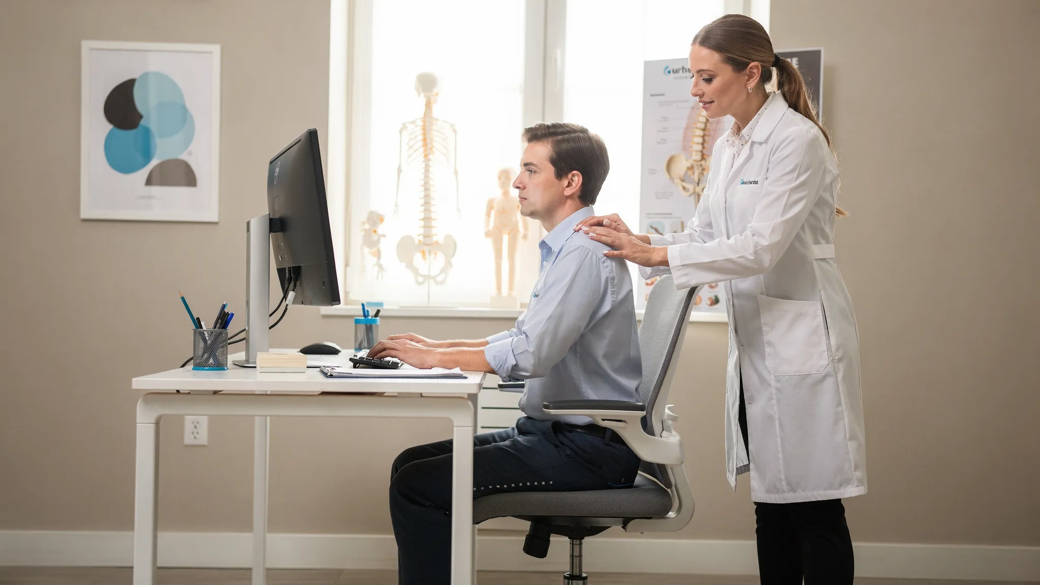A person sitting upright at an ergonomic desk with relaxed shoulders, neutral neck posture, and a chiropractor demonstrating healthy head and spine alignment beside them.