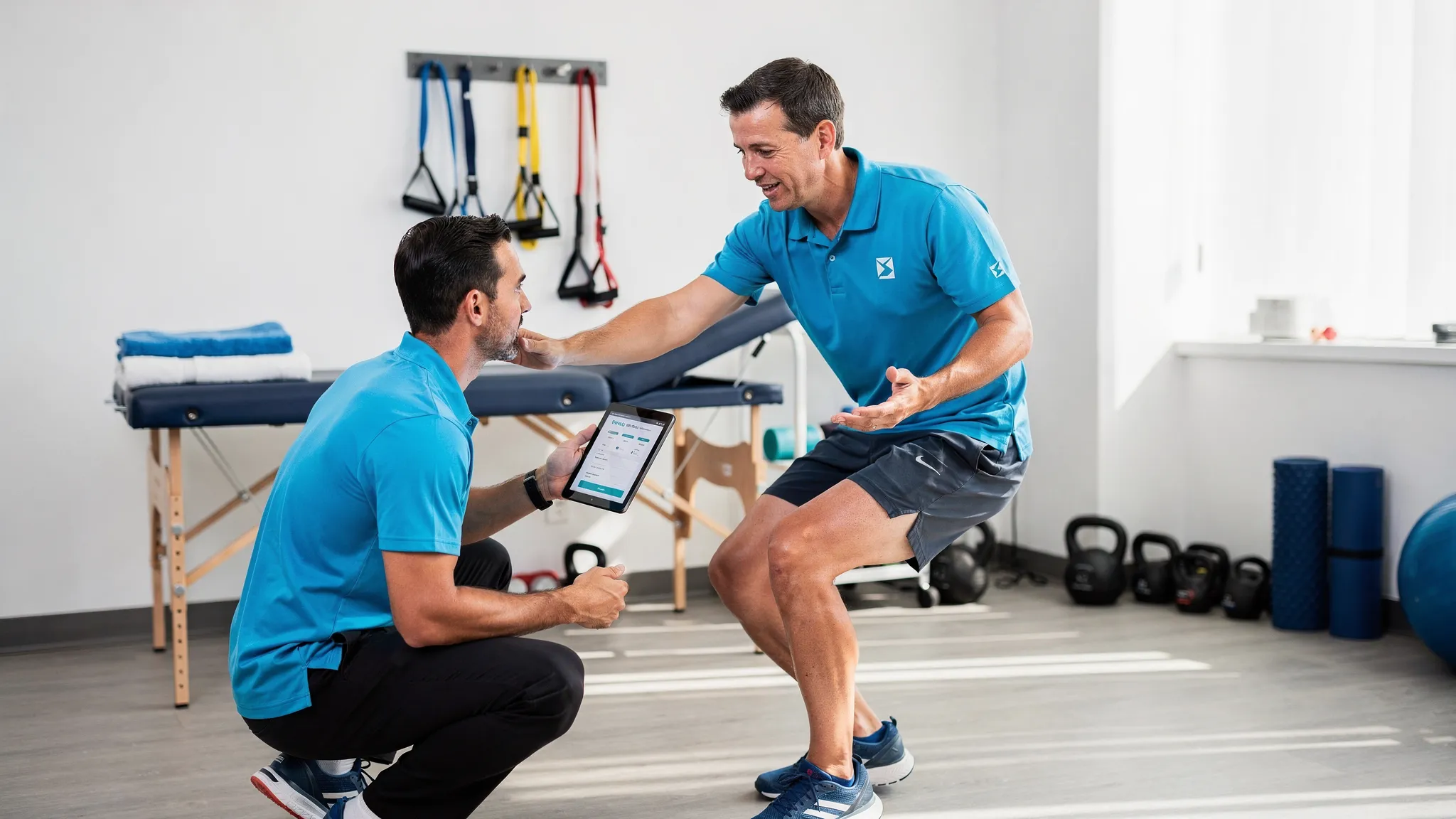 An active adult in athletic clothing receiving a movement and mobility assessment from a clinician in a sports medicine clinic, with resistance bands, treatment table, and exercise equipment visible in the room.