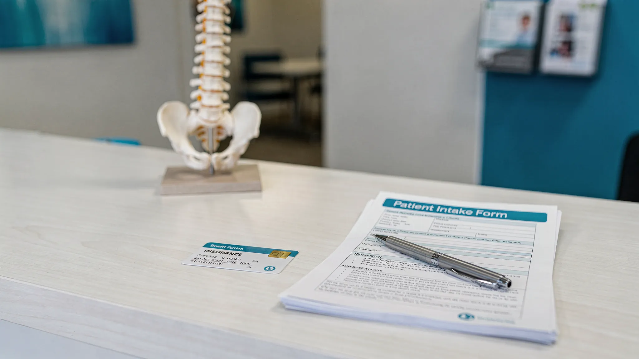 How Chiropractic Insurance Plans Work in NYC 1 An insurance card, intake paperwork, a pen, and a small spine model arranged on a chiropractic clinic reception desk, representing benefit verification before an appointment.