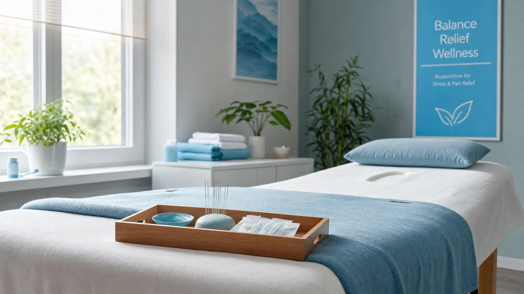 How Living Well Acupuncture Supports Stress and Pain Relief 1 A calm acupuncture treatment room with a treatment table, soft natural light, folded towels, and a small tray of sterile acupuncture supplies ready for a stress and pain relief session.