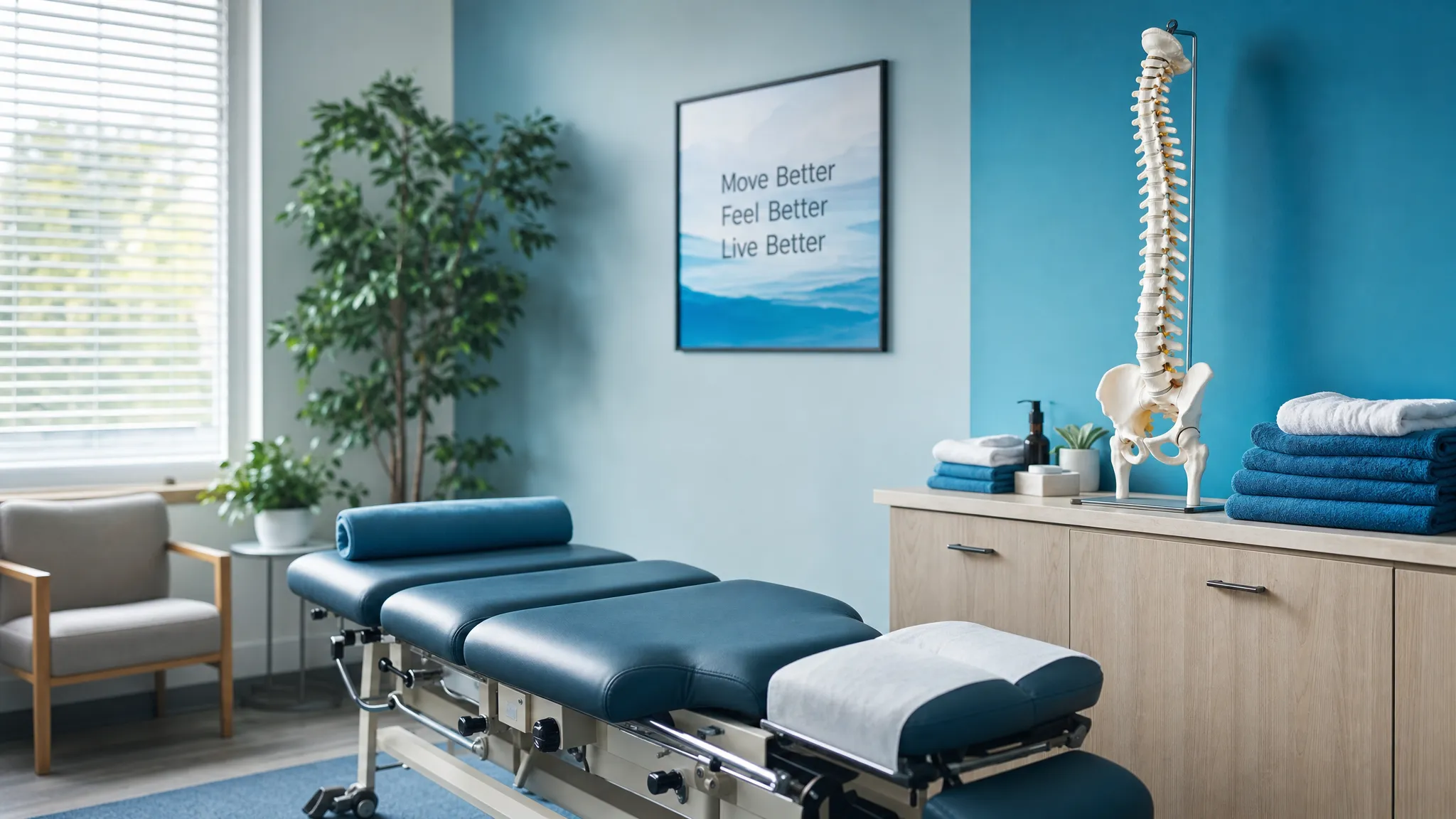 Massage and Chiropractic Adjustment: Best Order for Relief 1 A calm chiropractic treatment room with a massage table, folded towels, and an anatomical spine model on a nearby counter, suggesting coordinated massage and chiropractic care.