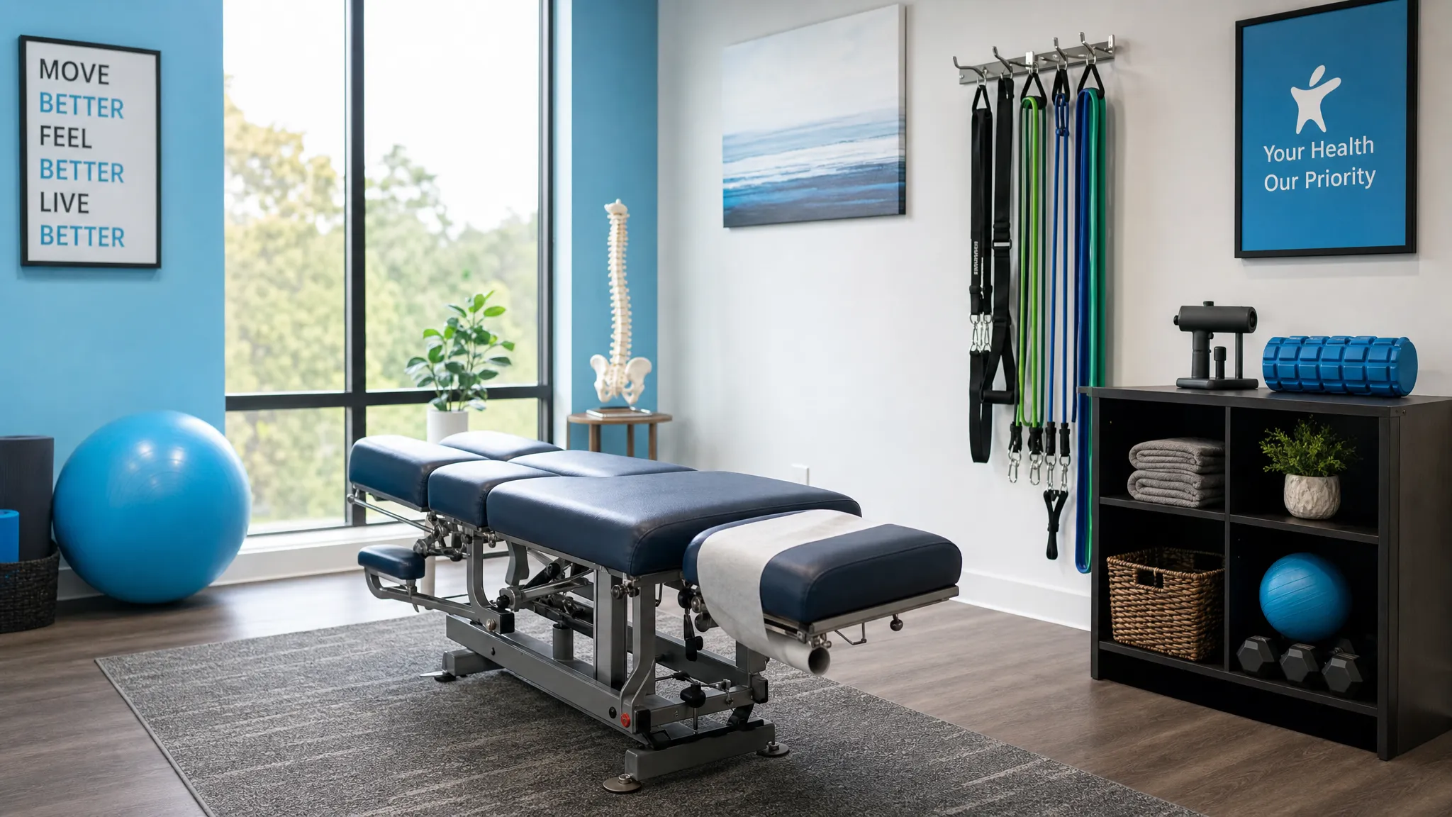 A calm chiropractic treatment room with an adjustable padded chiropractic table, resistance bands, a balance ball, and neatly organized therapy tools ready for a first-time patient visit.