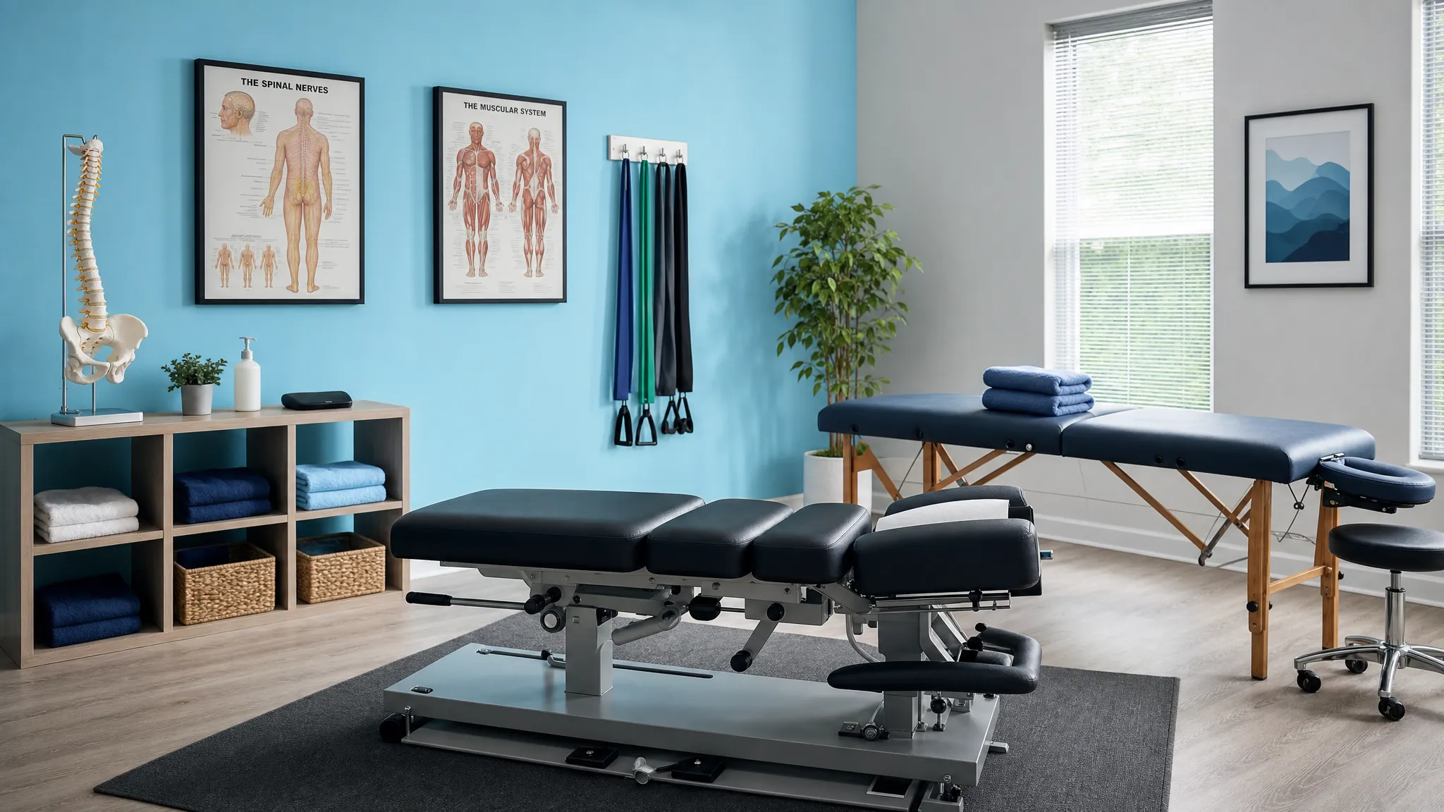 Why a Chiropractic Office Massage Therapist Can Add Value 1 A calm chiropractic treatment room with an adjustment table, massage table, anatomical spine model, towels, and exercise bands arranged neatly for coordinated musculoskeletal care.