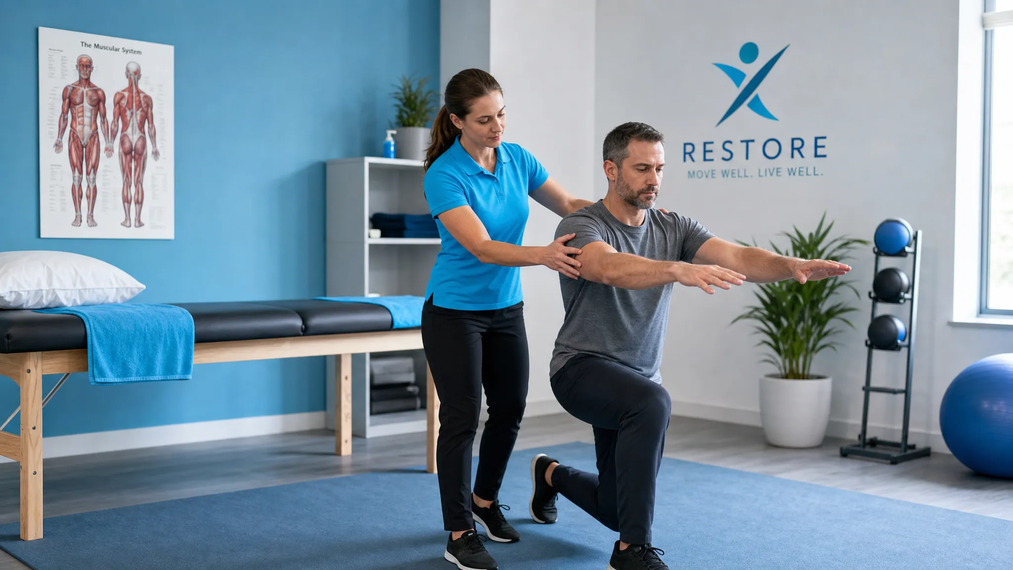 A calm clinic room where a clinician guides an adult patient through a controlled mobility exercise beside an acupuncture treatment table, representing integrated recovery after a pain flare-up.