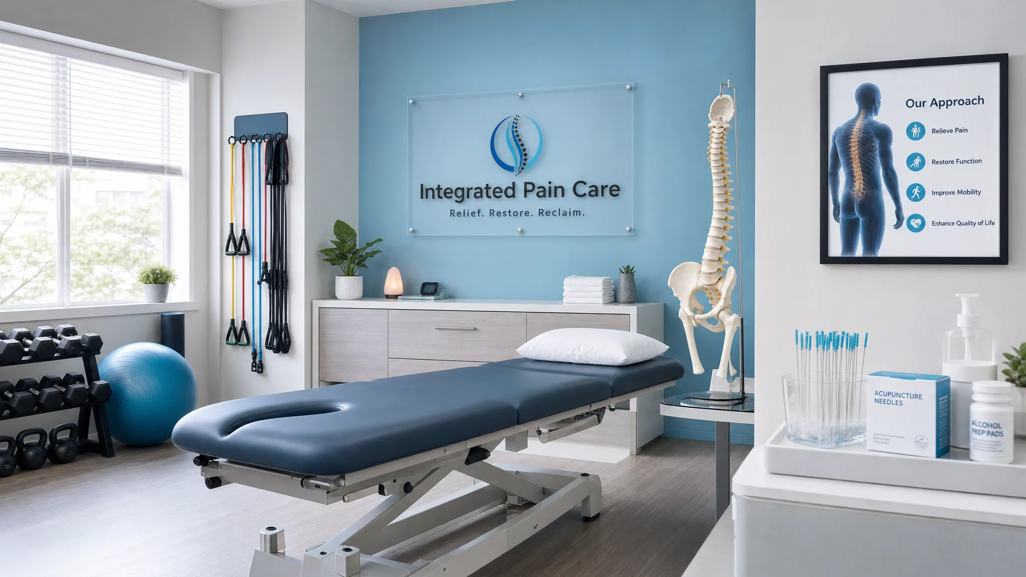5 Signs an Integrated Pain Clinic May Be Right for You 1 A calm integrated pain clinic treatment room with a treatment table, spine model, resistance bands, acupuncture supplies, and exercise equipment arranged to show coordinated care for pain relief and rehabilitation.