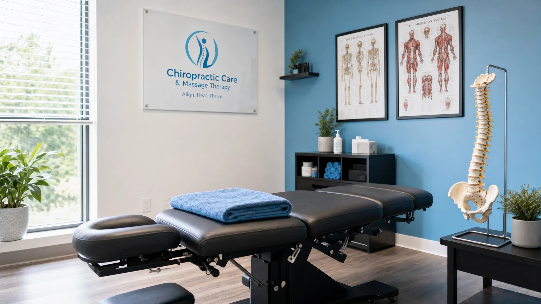 A chiropractic treatment room with an exam table, folded towel, anatomical spine model, and a calm clinical setting representing coordinated chiropractic and massage therapy care.