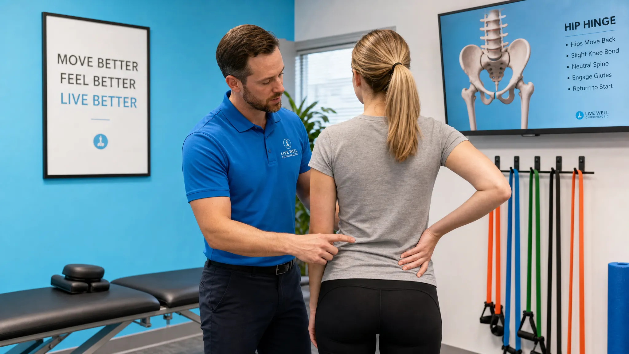 Are Solutions Chiropractic Plans Worth It for Chronic Pain? 1 A chiropractor and patient reviewing spine and hip movement in a treatment room, with exercise bands and a treatment table visible nearby.