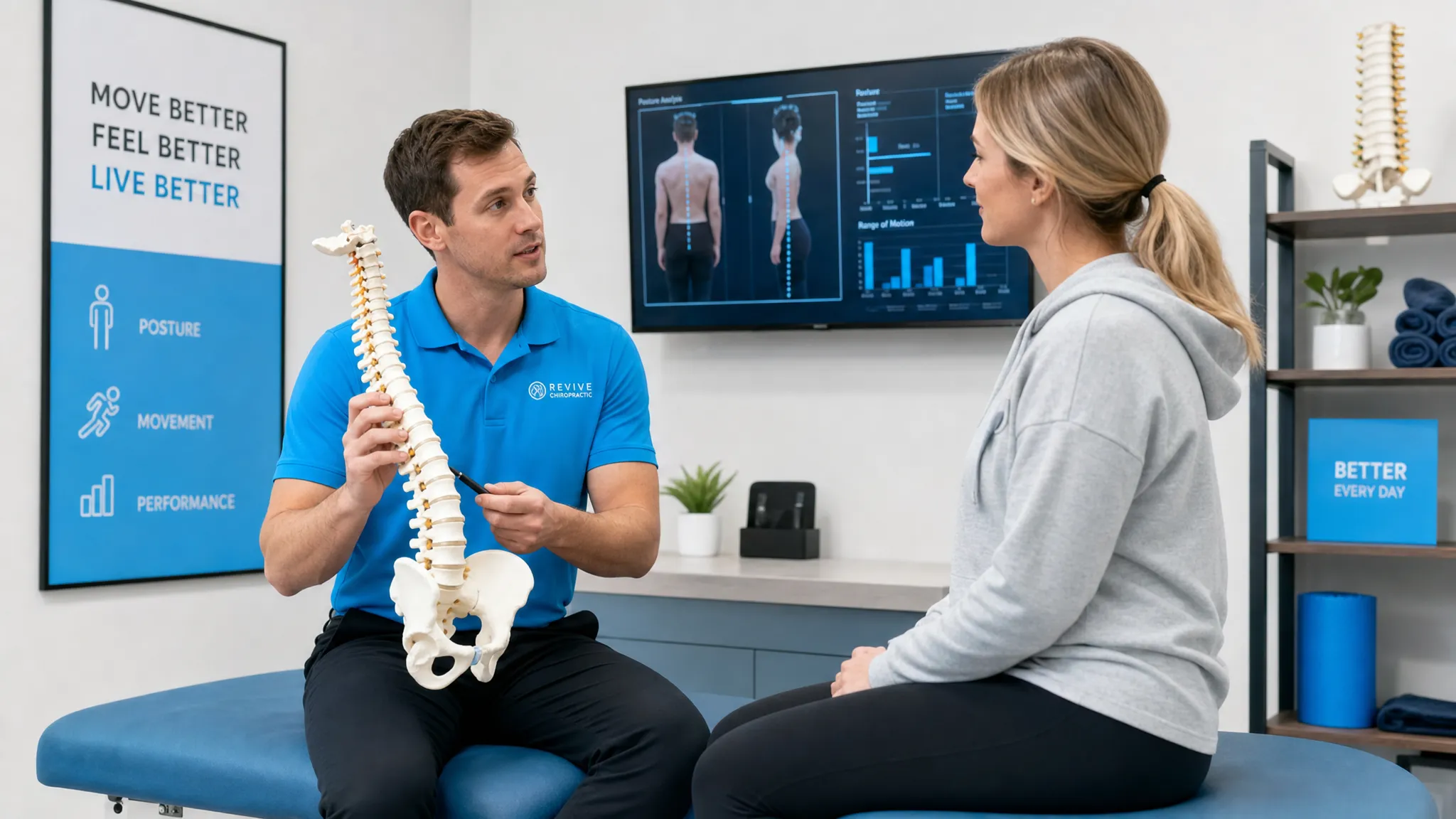 How Method Chiropractic Care Differs From Standard Visits 1 A chiropractor explains a spine and movement assessment to a patient in a clinical exam room while the patient sits comfortably on the treatment table.