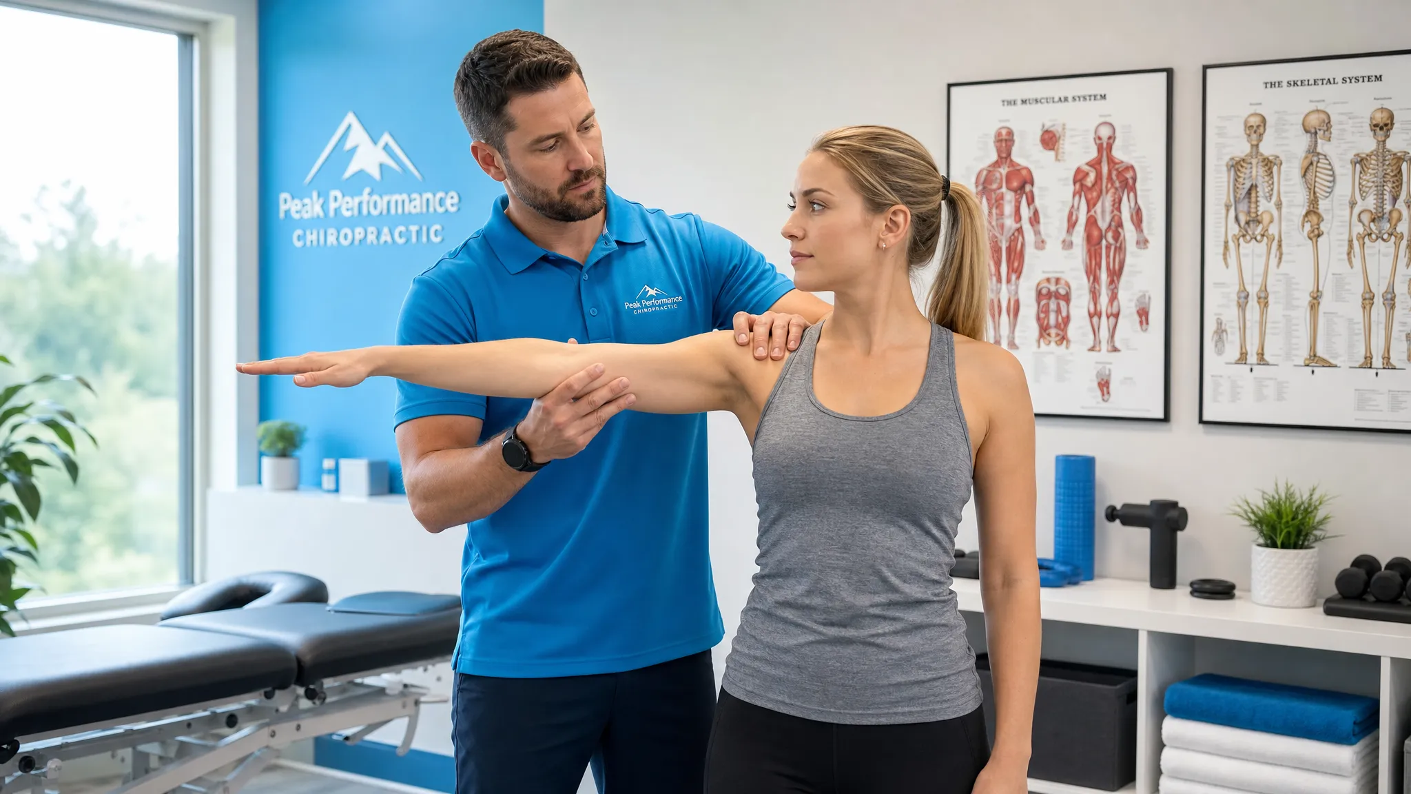 Chiropractor Career Description: Training, Duties, and Skills 1 A chiropractor in a treatment room evaluates a patient's posture and shoulder movement while the patient stands comfortably, with anatomical charts and therapy equipment visible in the background.