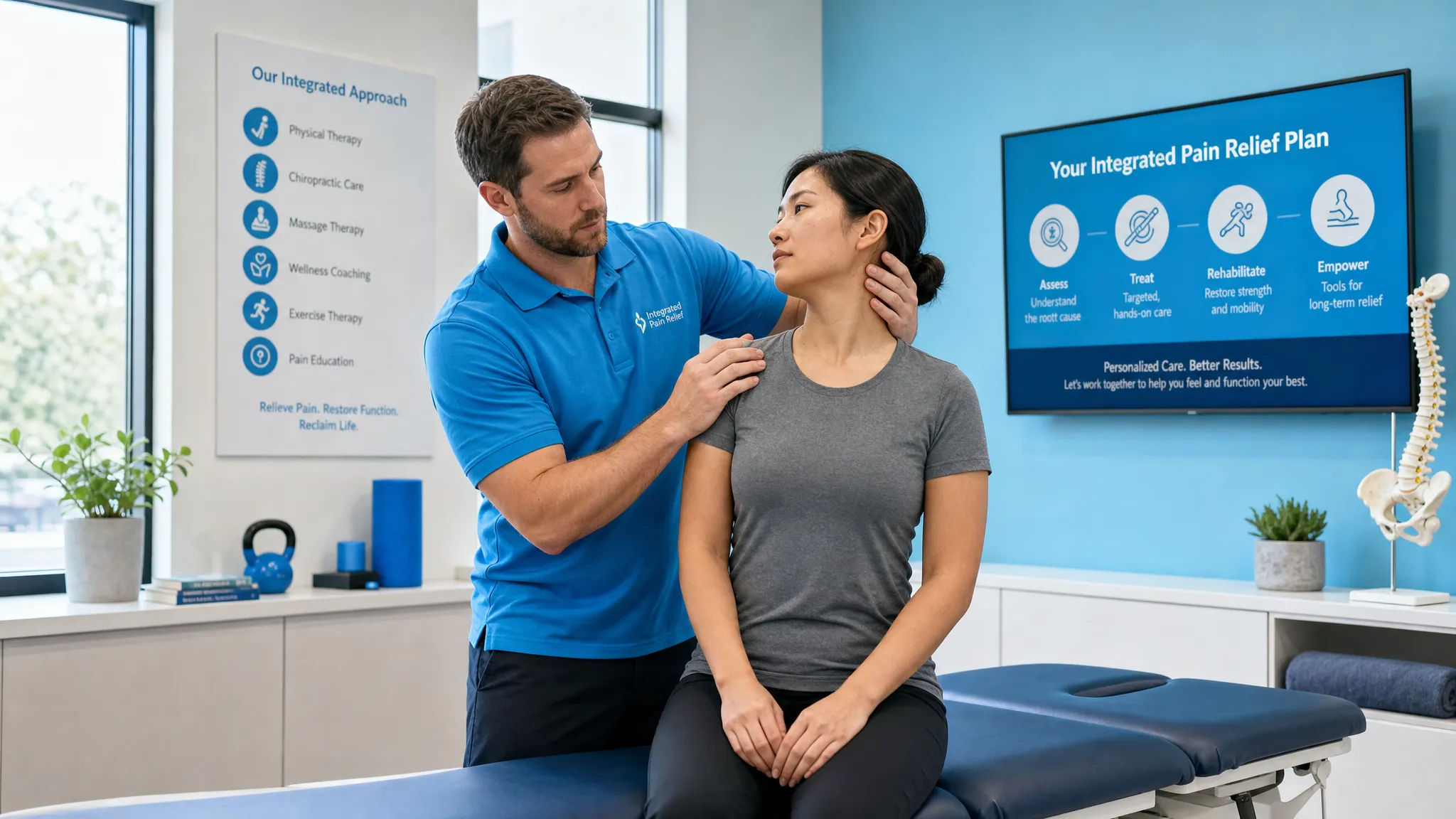 Is Chiropractic Complementary Medicine or Primary Care? 1 A clinician assessing an adult patient's neck and shoulder movement beside a treatment table while discussing an integrated pain relief plan.
