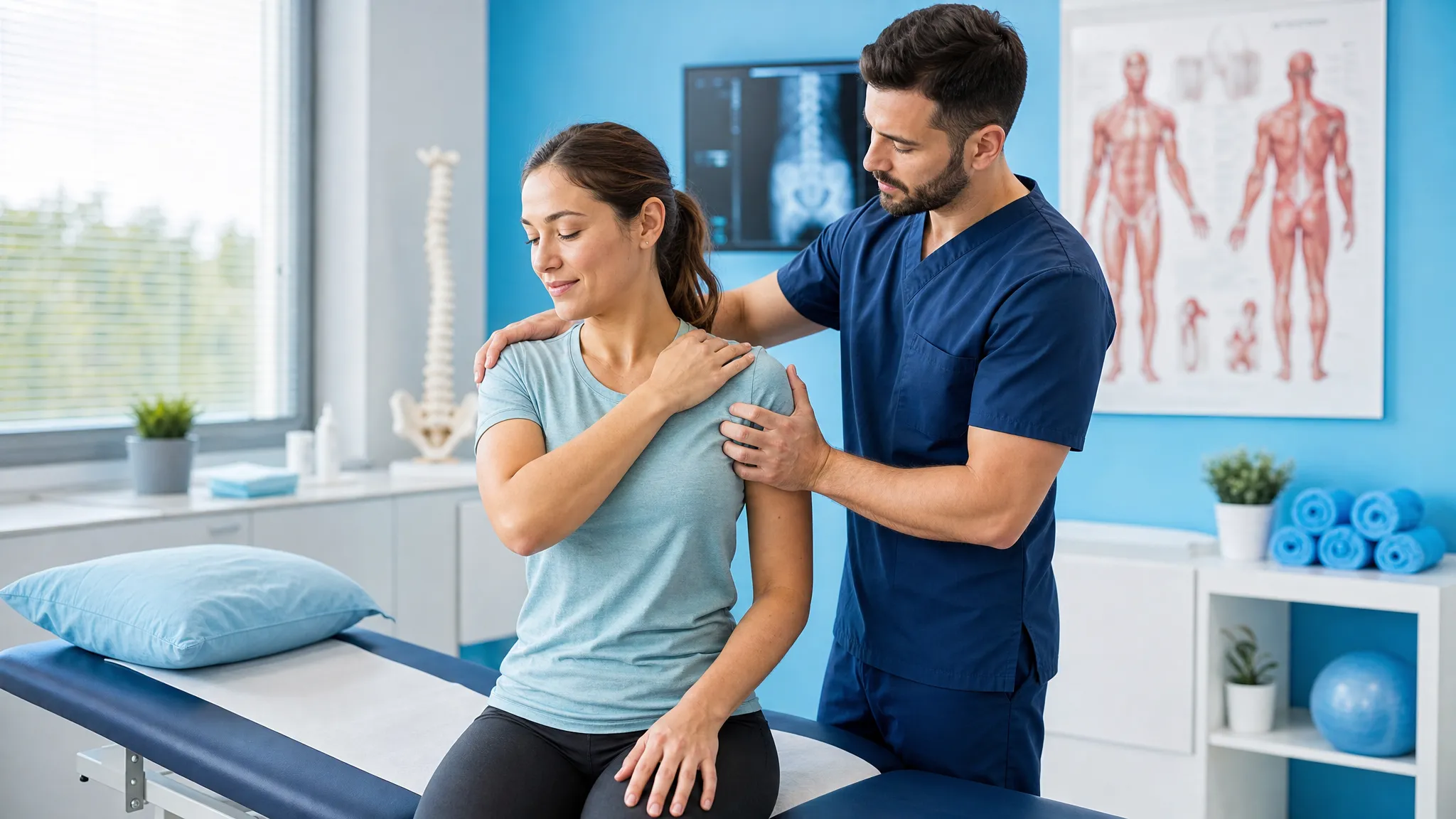 Chiropractic and Manual Therapies: Better Together? 1 A clinician performs a gentle hands-on shoulder and upper back mobility assessment while a patient sits comfortably on an exam table, showing coordinated chiropractic and manual therapy care.