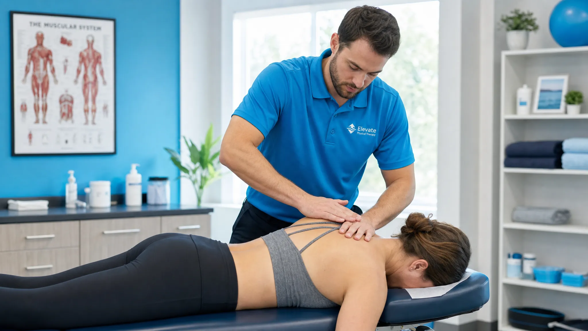 When Chiropractic Massage Works Better Than Either Alone 1 A clinician provides therapeutic soft tissue work to a patient's upper back and shoulder area while assessing spinal posture on a treatment table in a calm clinical setting.