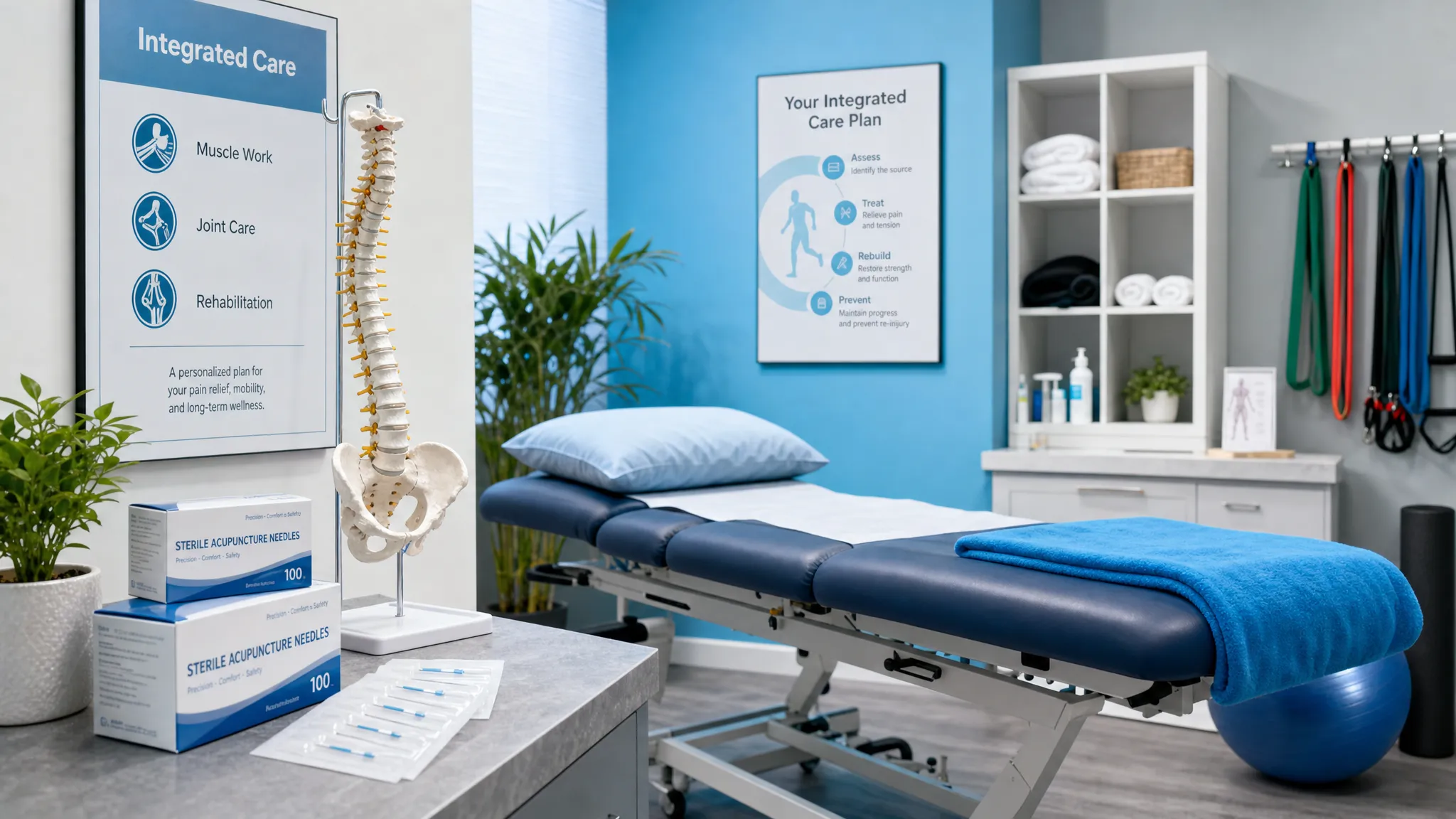 Dry Needling and Chiropractic: Can You Combine Them? 1 A compact clinical treatment room with a massage table, packaged sterile needles, a spine model, and resistance bands arranged for an integrated care plan that combines muscle work, joint care, and rehabilitation.