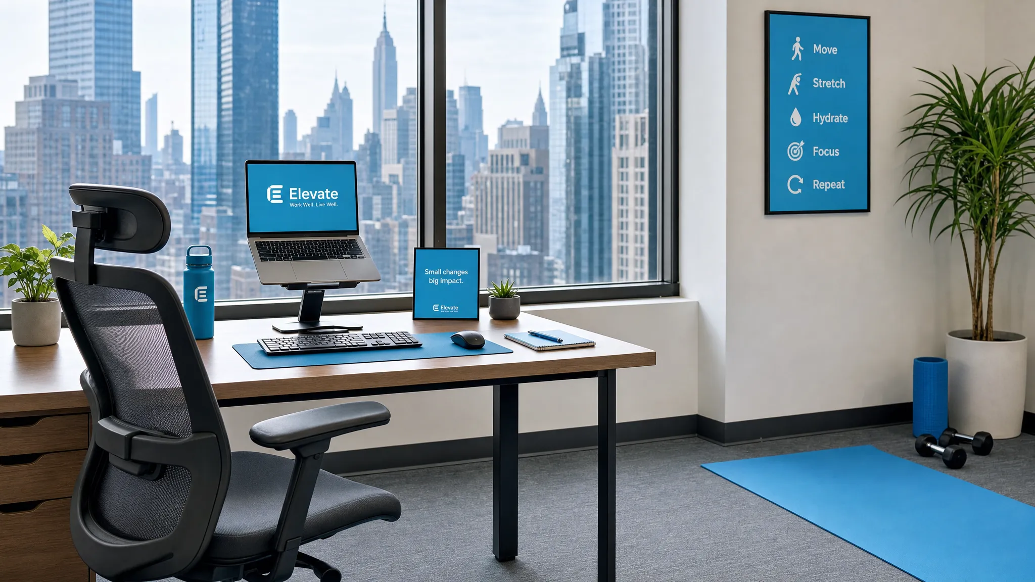 Pain Relief and Wellness Tips for Desk Workers in NYC 1 A compact New York City office desk set up for ergonomics, with a laptop on a stand facing the camera, an external keyboard and mouse, an adjustable chair, a water bottle, and open floor space beside the desk for stretching.