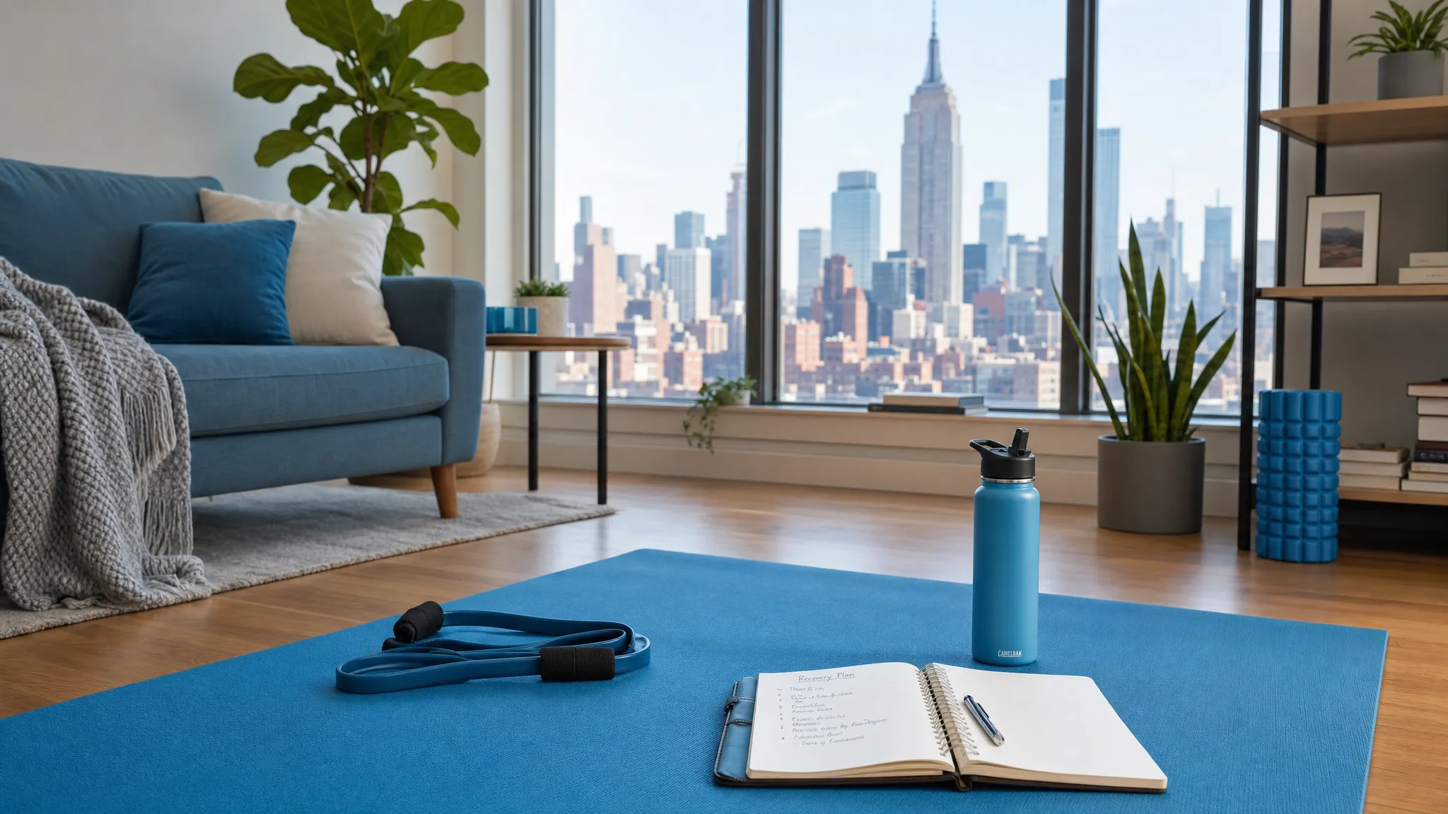 How Manhattan Patients Build a Low-Cost Recovery Plan 1 A Manhattan apartment living room with a yoga mat, resistance band, notebook, and water bottle arranged for a simple at-home recovery routine.
