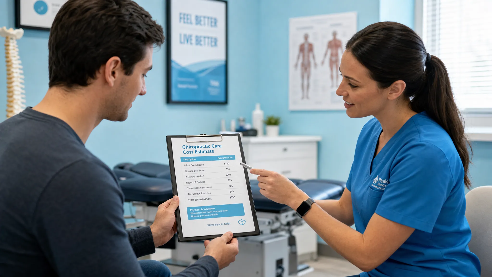 Chiropractor Cost in NYC: What You’ll Likely Pay 1 A patient reviewing a clear chiropractic care cost estimate on a clipboard while speaking with a healthcare professional in a calm clinic setting.