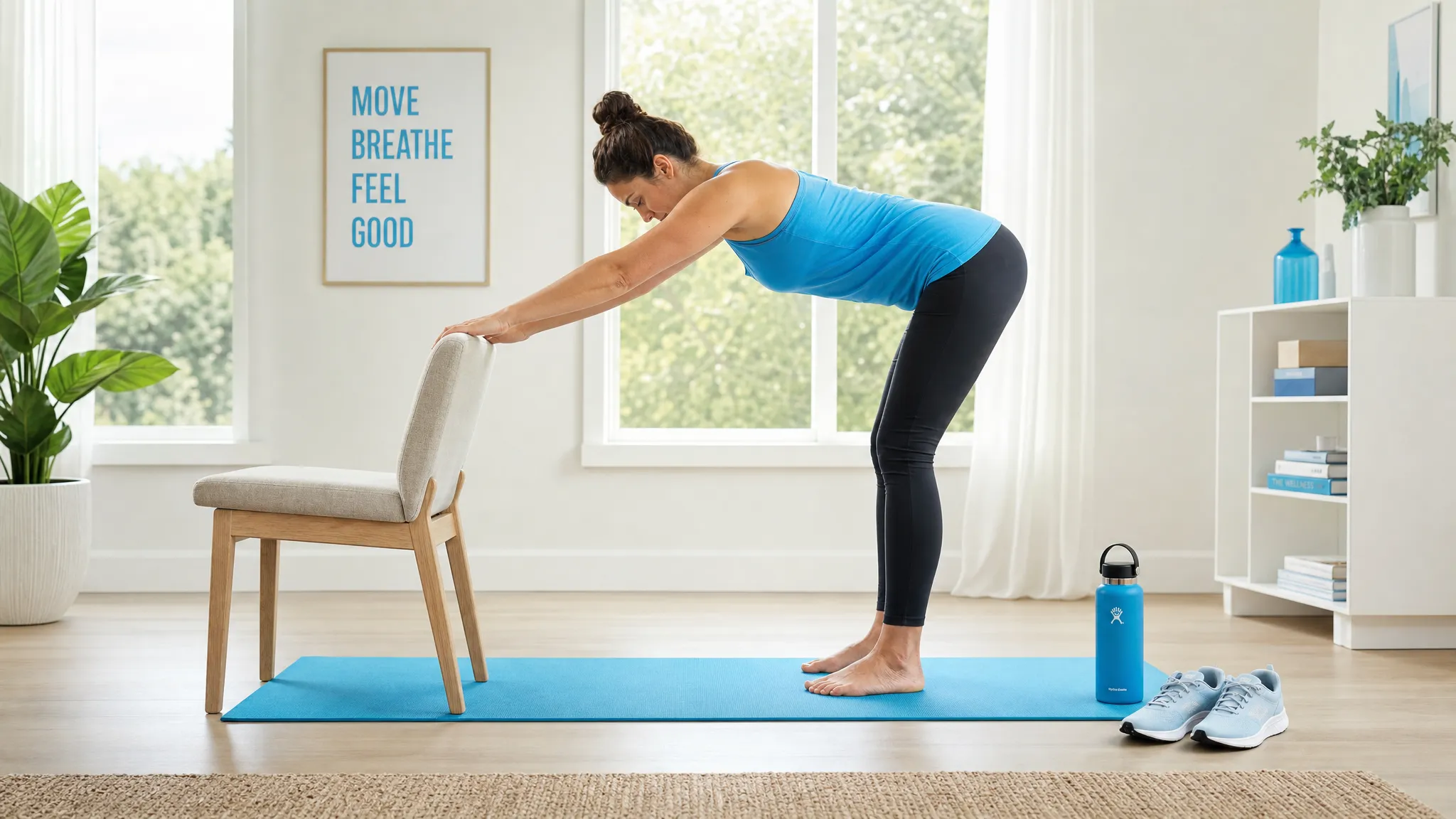 Natural Pain Solutions That May Help You Move Better 1 A person in a bright room doing a gentle supported hip hinge stretch beside a chair, with a yoga mat, water bottle, and comfortable shoes nearby.