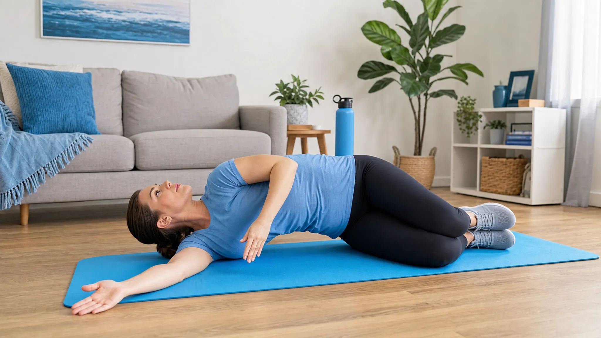 A person lying on an exercise mat performing an open-book thoracic rotation with knees stacked and one arm reaching across the chest, showing gentle spine mobility in a calm home setting.