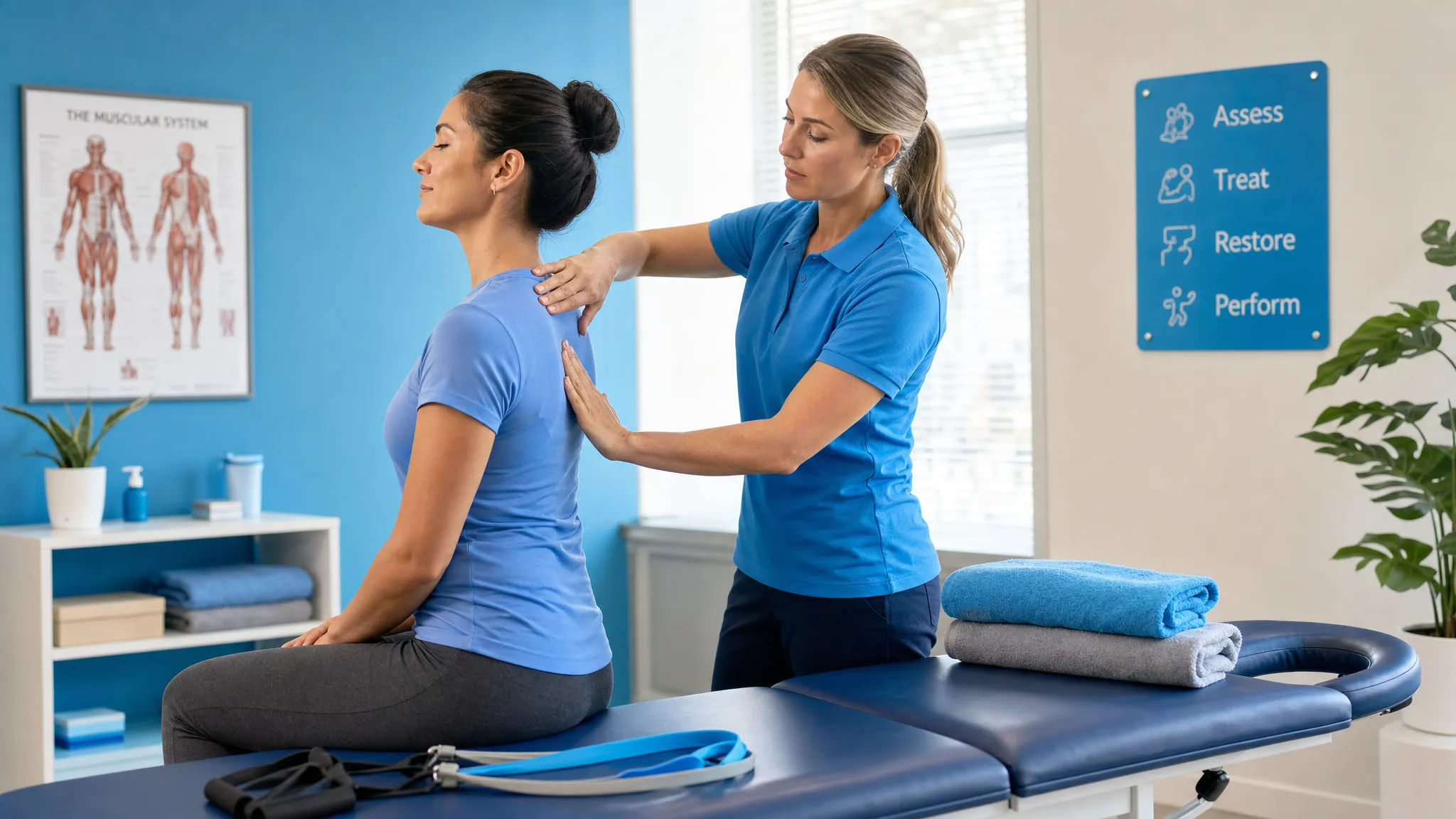 A treatment room scene with a clinician assessing tight upper back and shoulder muscles while a patient sits comfortably, with a treatment table and exercise bands nearby to suggest integrated muscle pain care.