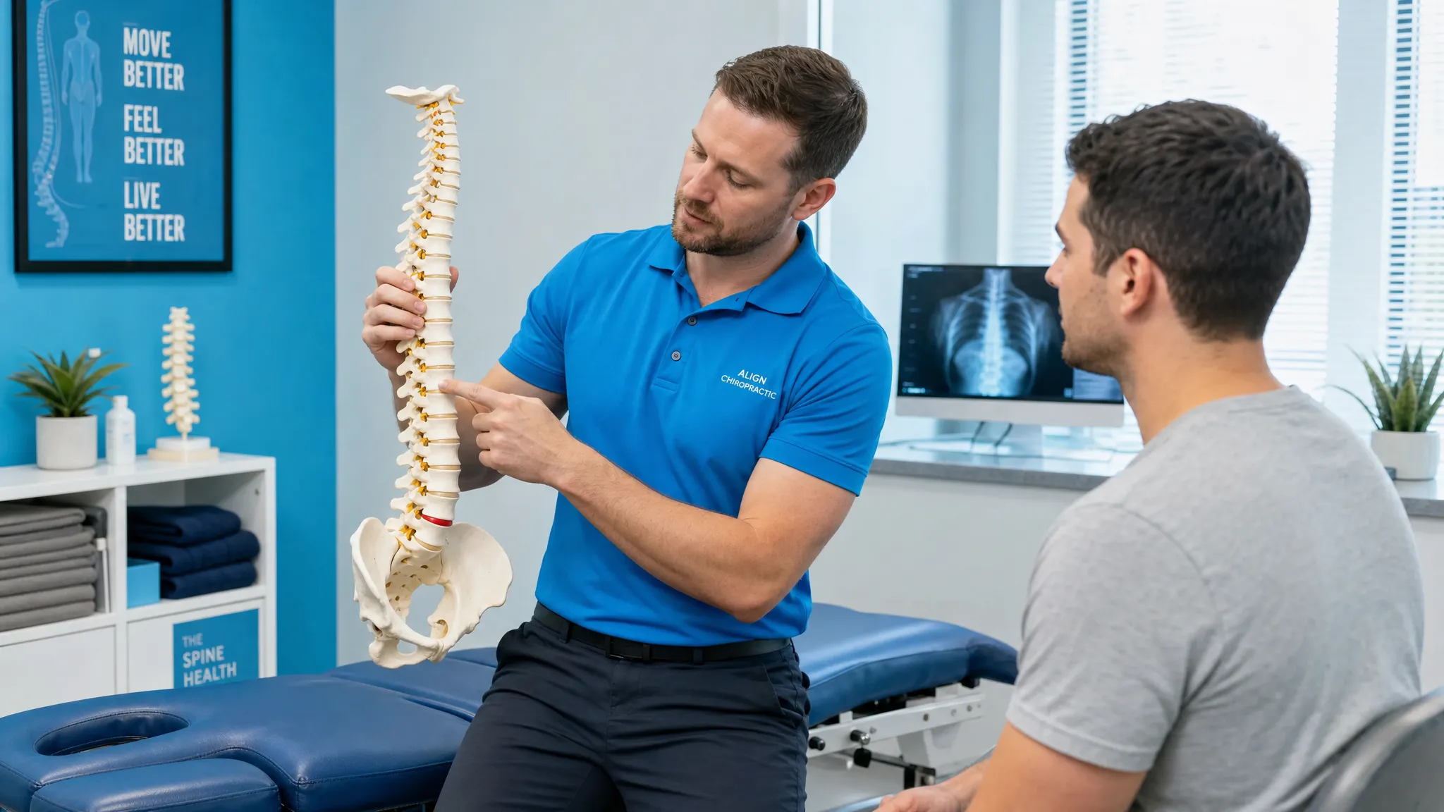 What Is the Chiro Medical Term Patients Should Know? 1 An adult chiropractor stands beside a treatment table and points to a spine model while explaining posture, joint movement, and back pain to an adult patient seated nearby in a calm clinical setting.