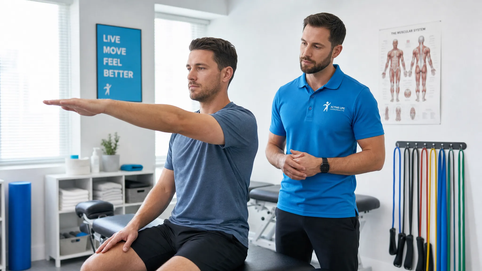 How the Chiropractic Profession Has Changed in 2026 1 An adult chiropractor watches an adult patient perform a shoulder movement test in a bright clinic room, with a treatment table and exercise bands nearby.