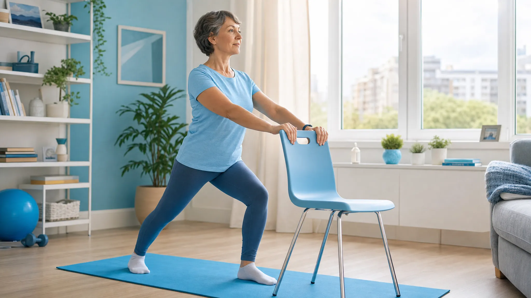 Move Well Live Well: Daily Habits for Less Pain 1 An adult in a bright apartment doing gentle mobility exercises on a mat, with a chair nearby for support and daylight coming through a window.