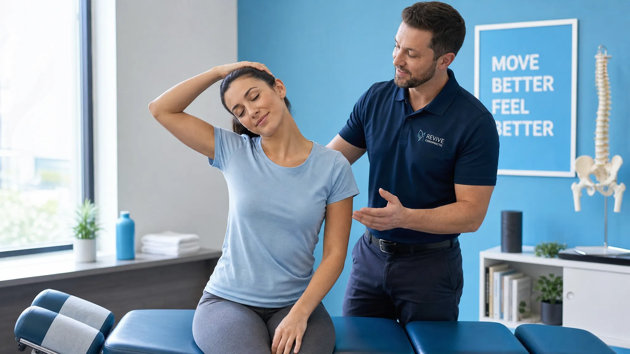An adult patient gently stretching their neck and upper back in a calm treatment room after a chiropractic appointment, with a clinician nearby offering guidance.