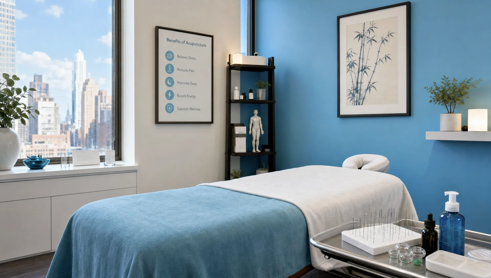 A calm acupuncture treatment room in a Manhattan clinic with a treatment table, clean linens, acupuncture supplies organized on a tray, and soft natural light creating a professional healing environment.