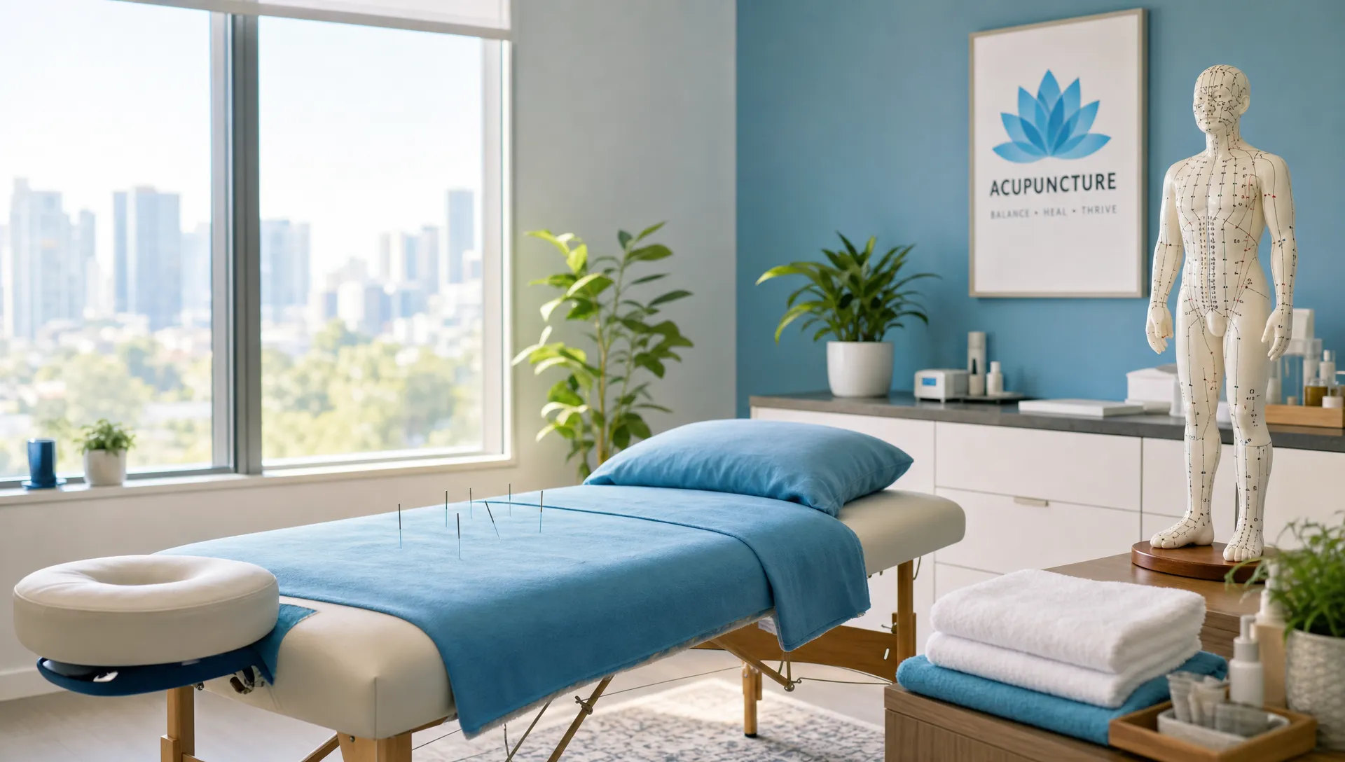 Acupuncture in New York: What First-Time Patients Ask 1 A calm acupuncture treatment room with a padded treatment table, clean folded towels, an anatomical model, and soft natural light from a city window.