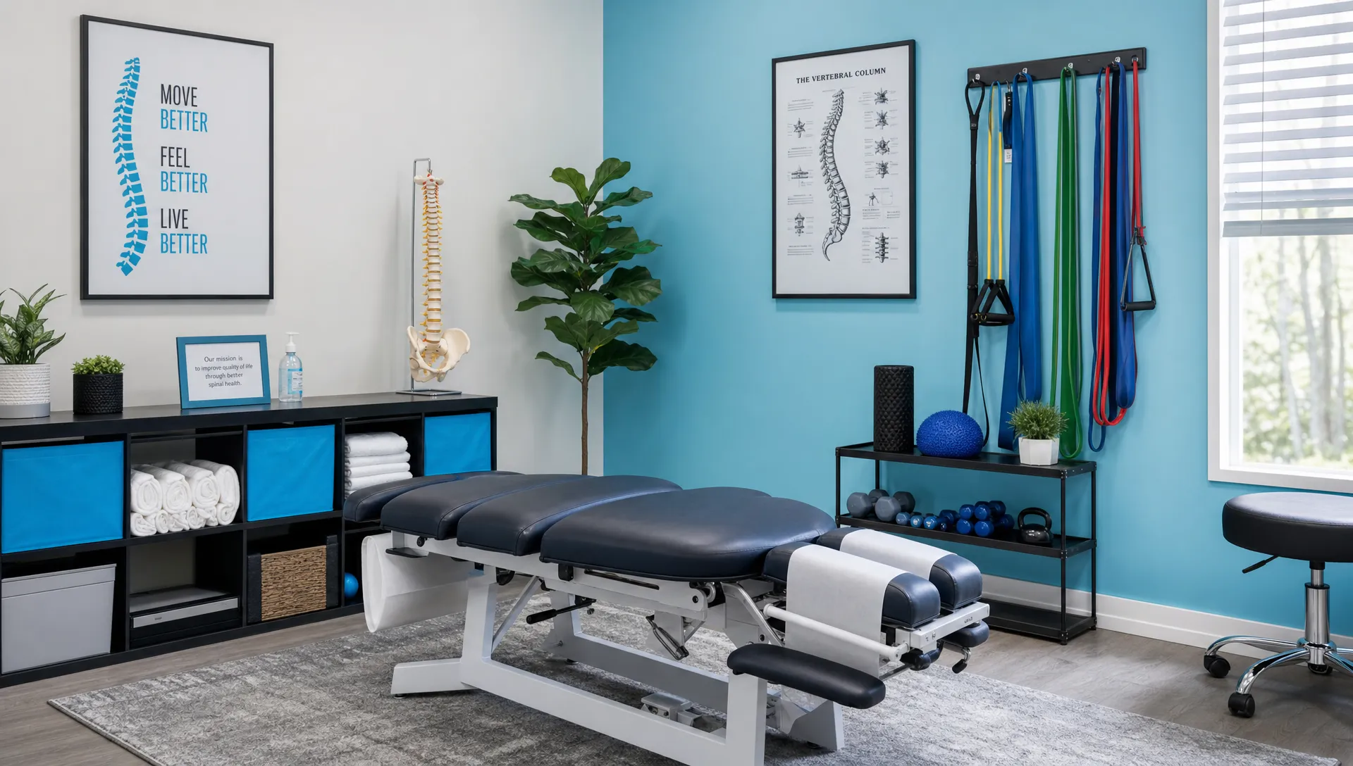 A calm chiropractic treatment room with an adjustment table, exercise bands, an anatomical spine model, and neatly organized therapy tools, showing a clean and welcoming space for patient care.