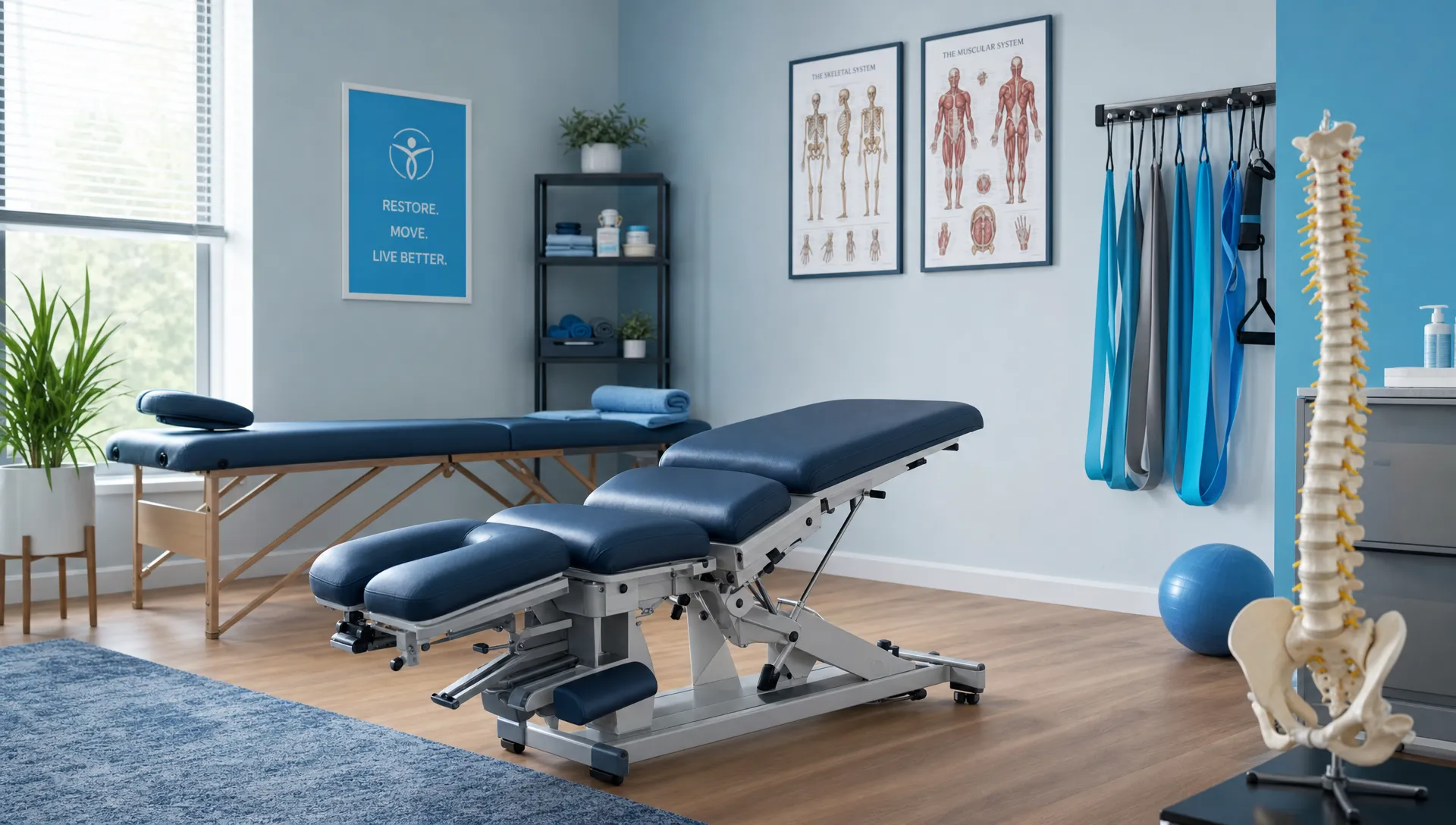 A calm treatment room with a chiropractic table, massage table, anatomical spine model, and exercise bands, representing an integrated plan for muscle tension, joint mobility, and pain relief.