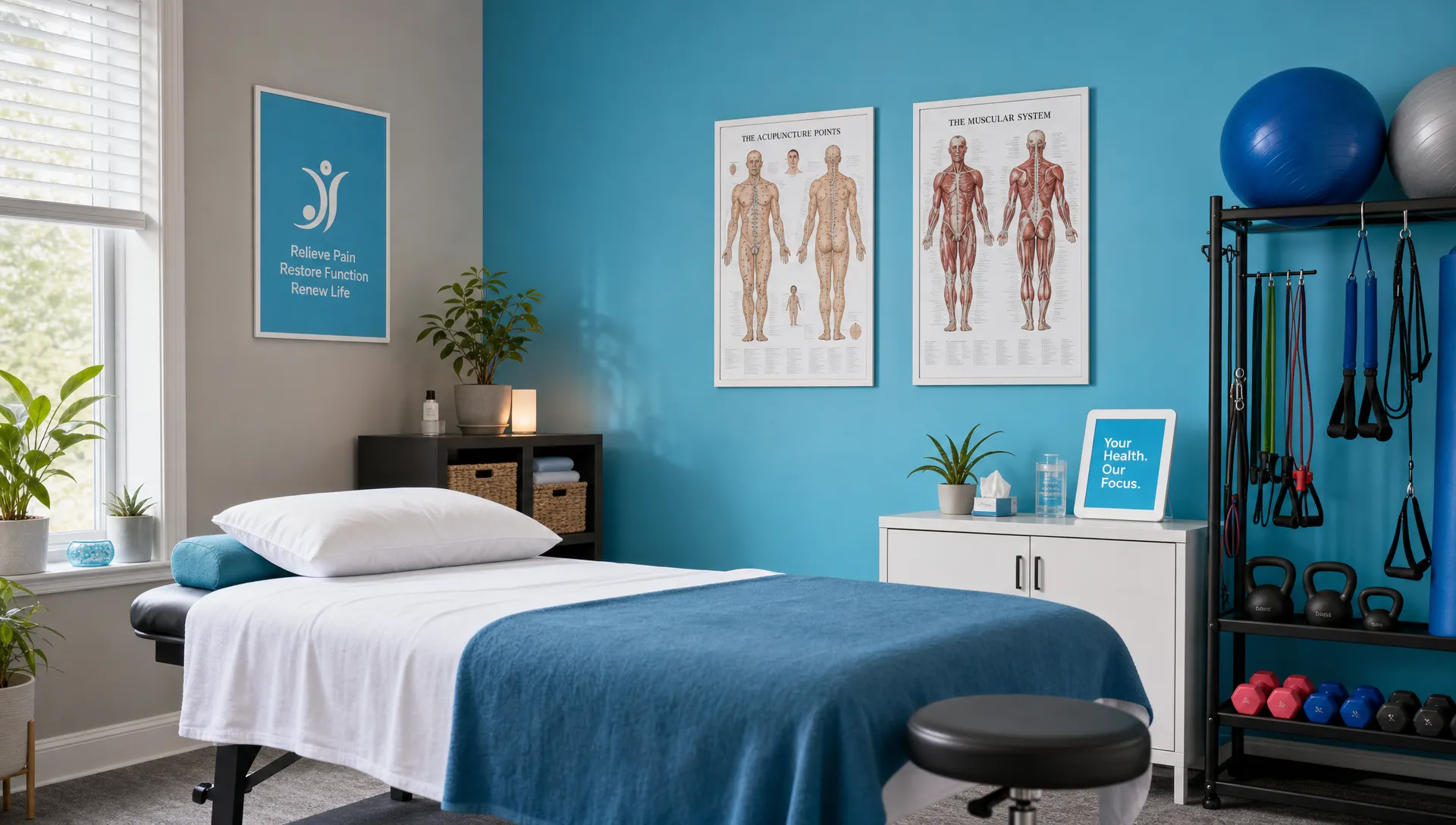 How Pain Management and Acupuncture Work Together 1 A calm treatment room with an acupuncture table, clean linens, anatomical charts, and rehabilitation equipment nearby, showing an integrated pain care setting.