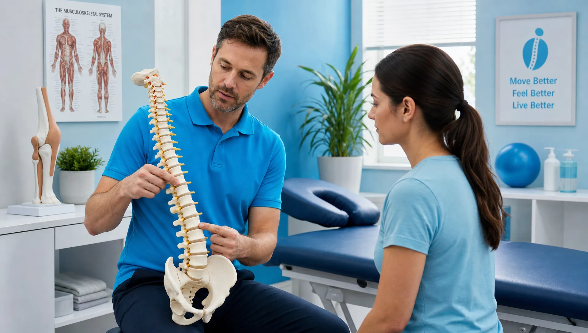 What a DC Doctor Title Means in Chiropractic Care 1 A chiropractor reviews spine and joint mobility with a patient in a calm clinical treatment room, with an anatomical spine model, a joint model, and a treatment table visible as the provider explains movement and pain relief.