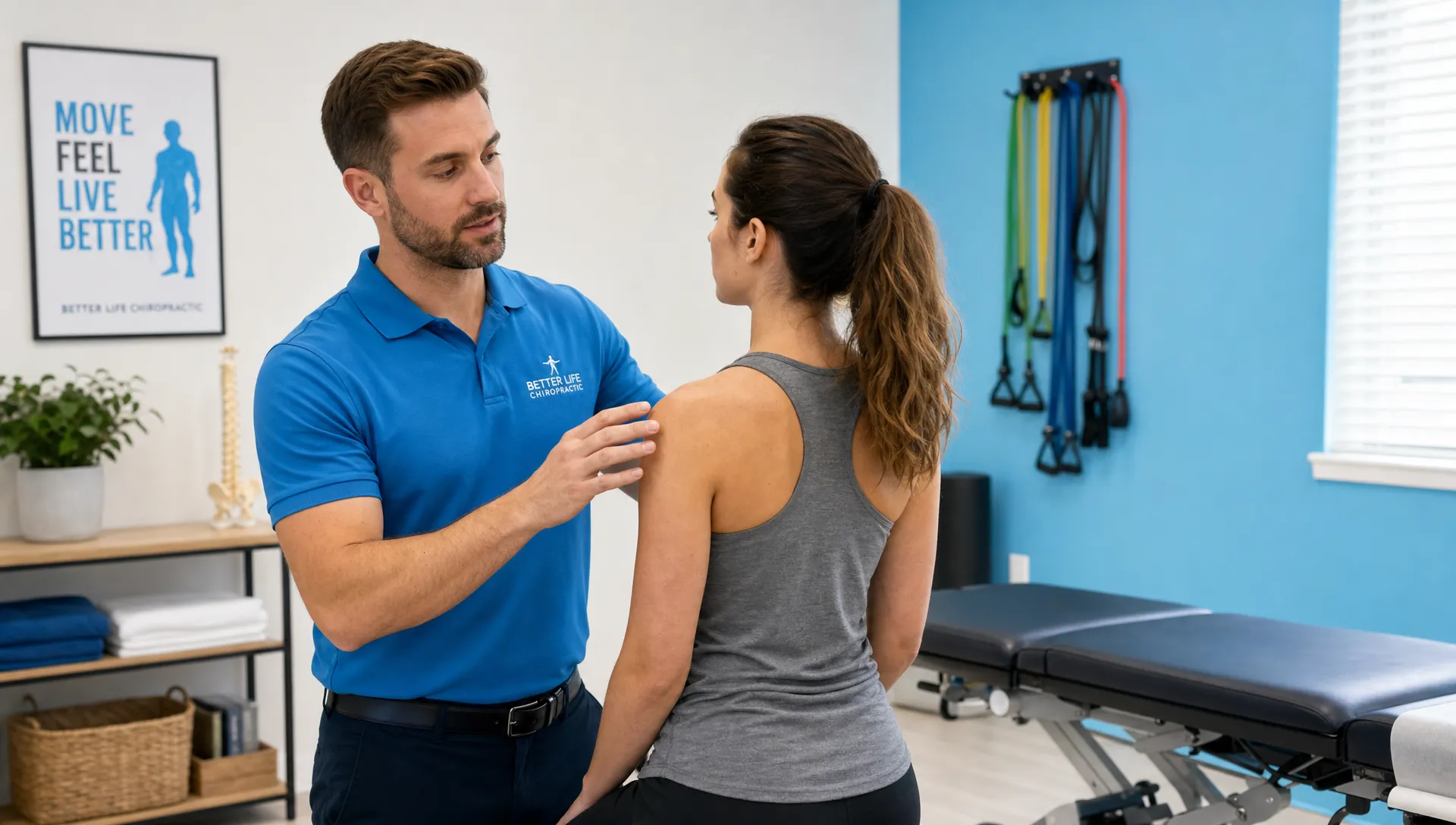 Is Holistic Healing Chiropractic Right for Your Pain? 1 A chiropractor speaks with a patient in a calm treatment room while assessing posture and shoulder mobility, with exercise bands and a treatment table visible in the background.