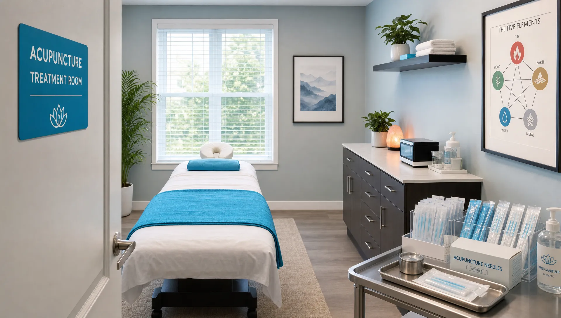 How to Choose Acupuncture in Manhattan 1 A clean acupuncture treatment room with a treatment table, neatly organized sterile needle packaging, and a calm clinical setting designed for patient comfort, shown from the doorway with the table centered and the supplies arranged on a side counter.