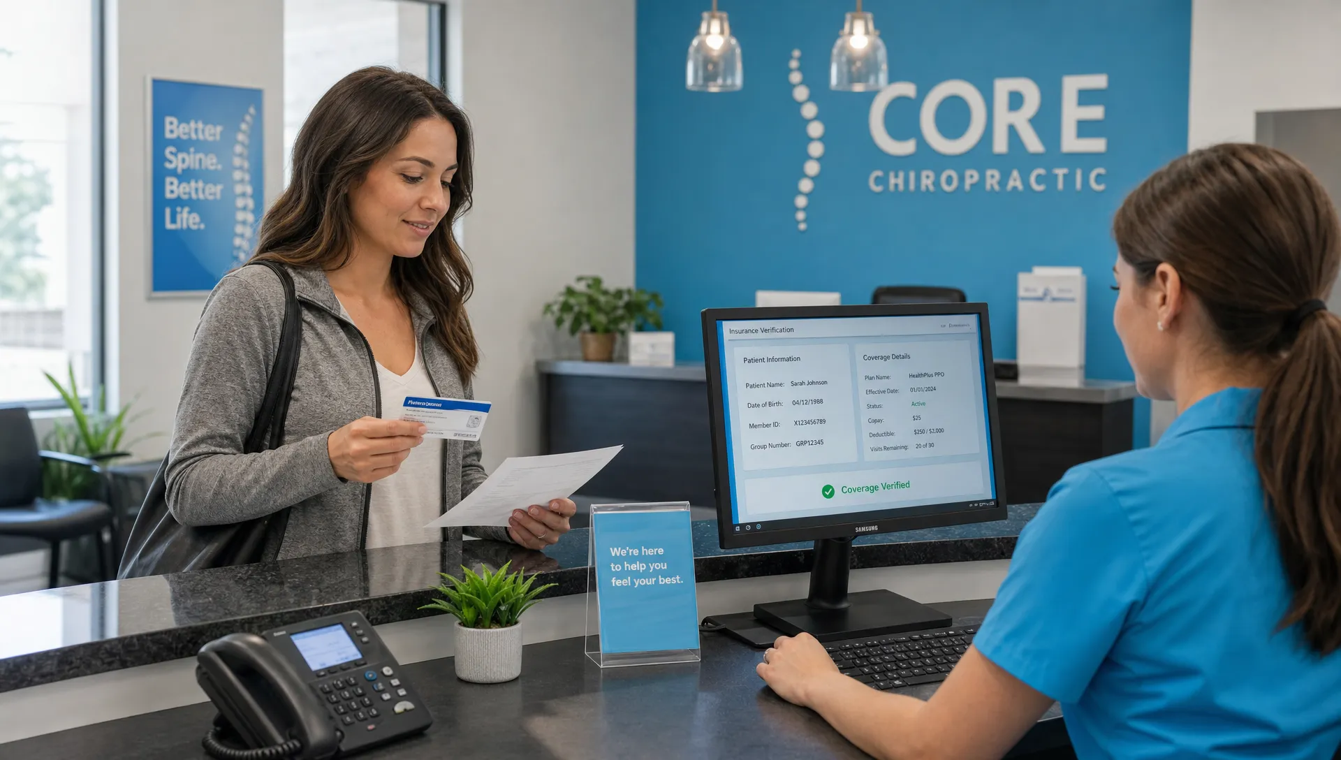 How to Find a Chiropractor That Takes Your Insurance 1 A patient reviews an insurance card and appointment paperwork at a chiropractic clinic front counter while a staff member checks coverage details on a computer.