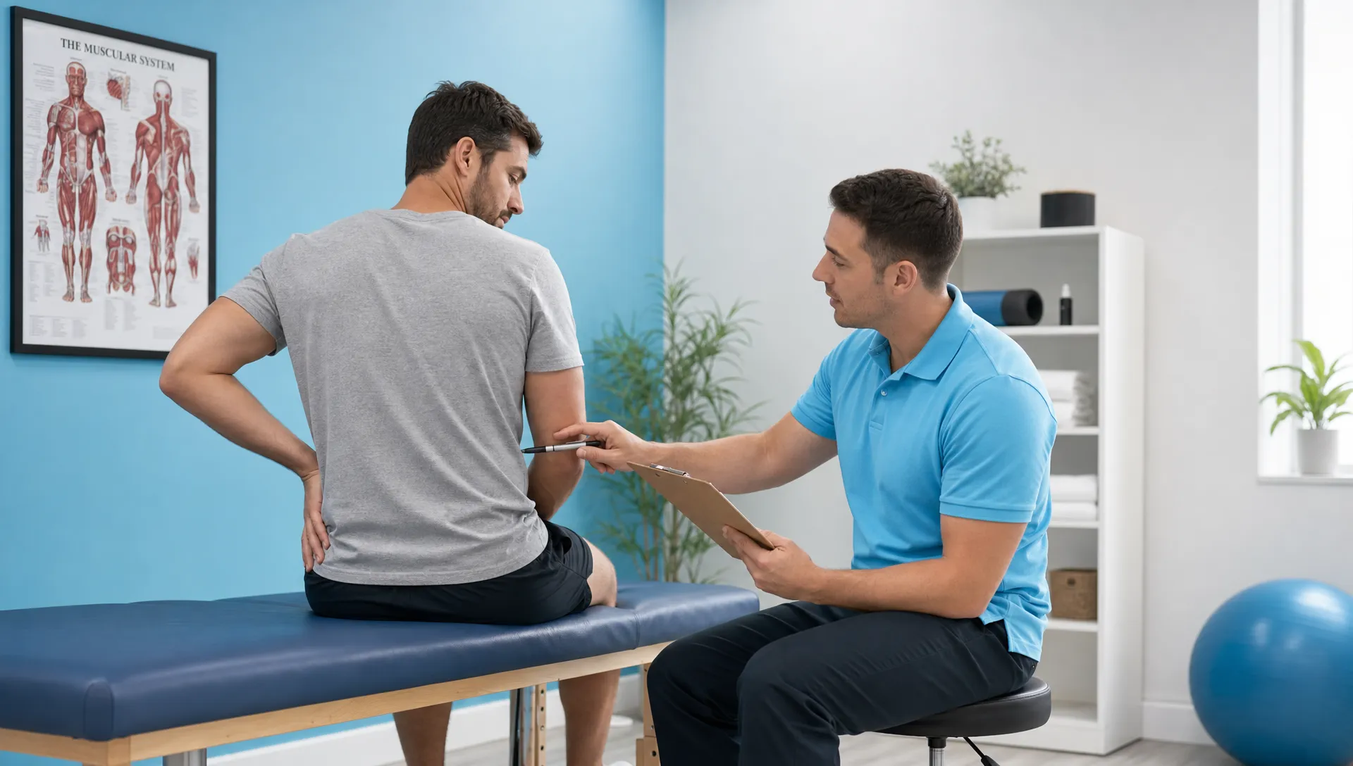 Saturday Chiropractor Visits: What to Know Before You Go 1 A person in comfortable clothing sits on an exam table in a calm treatment room while a clinician reviews a clipboard and gestures toward the lower back, with a simple treatment table and wall chart nearby and no screens visible.