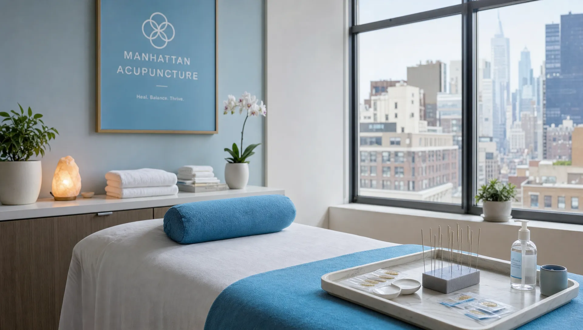 Union Square Acupuncture: What to Expect at Your Visit 1 A calm acupuncture treatment room in a Manhattan clinic with a treatment table, neatly arranged linens, acupuncture supplies on a clean tray, and a quiet window view in the background.
