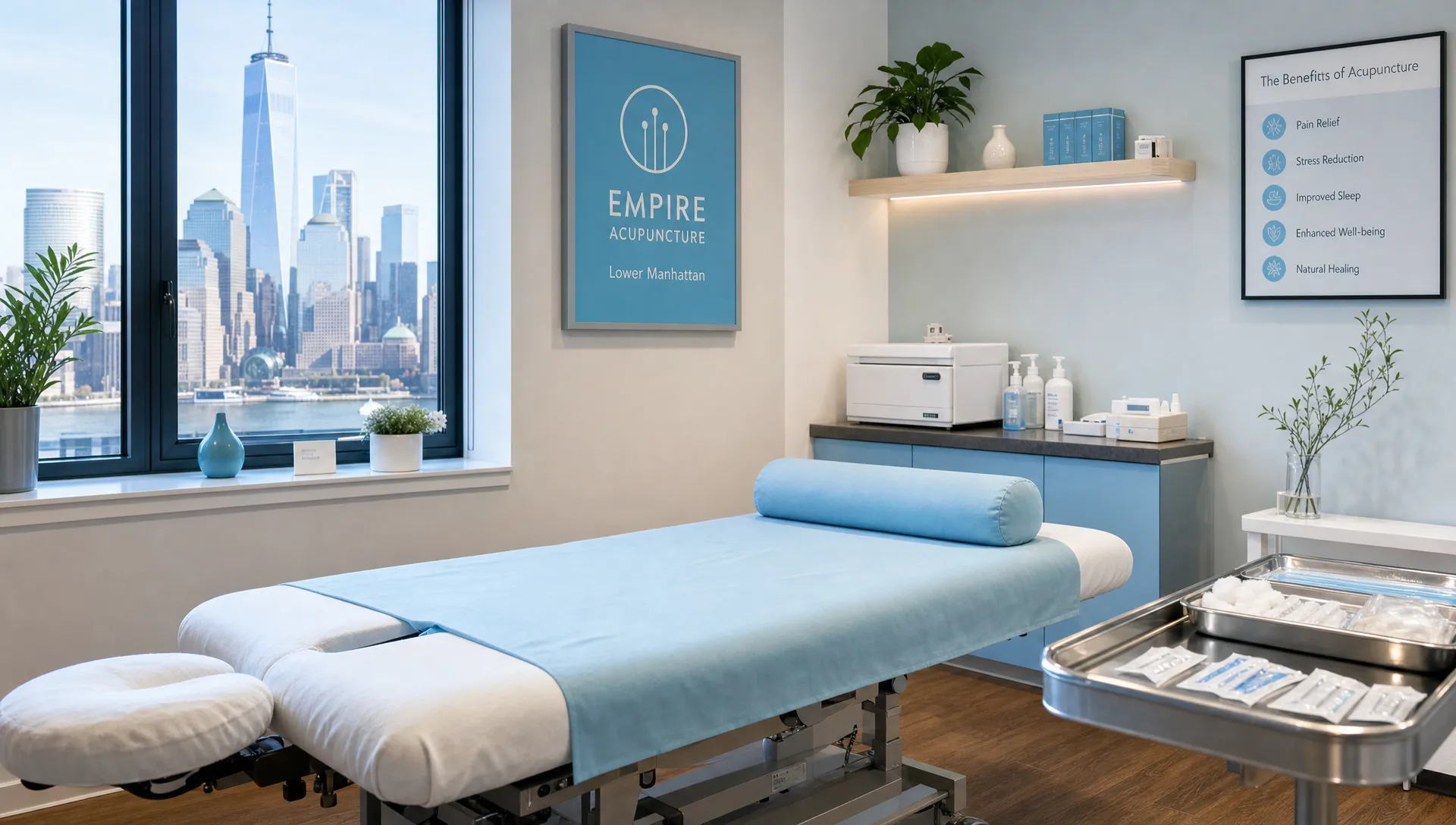 Why Patients Choose Acupuncture in Tribeca 1 A calm acupuncture treatment room with a treatment table, soft natural light, neatly arranged sterile supplies, and a peaceful Lower Manhattan wellness clinic atmosphere.