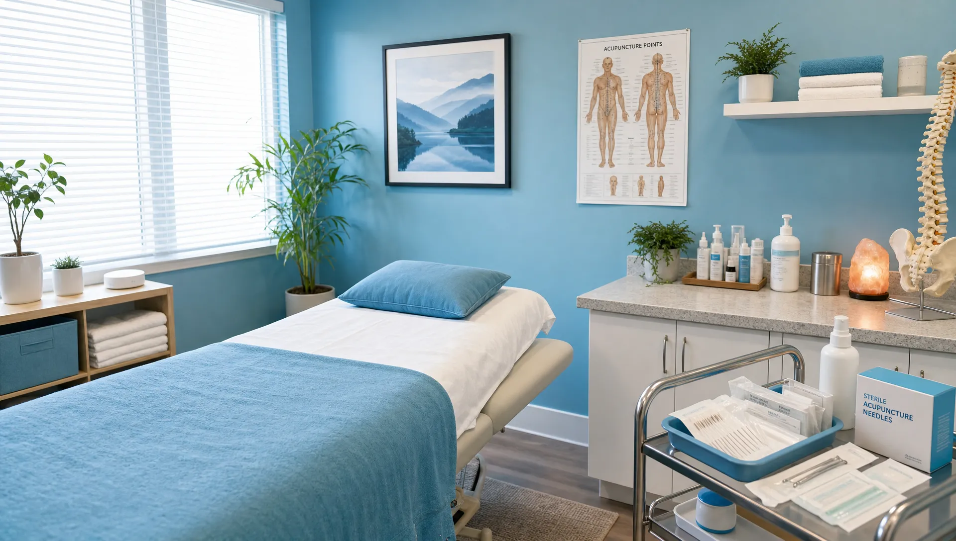 Chinese Medicine NYC: What It Can Help With 1 A calm acupuncture treatment room with a treatment table, neatly arranged sterile supplies, a spine model, and soft natural light, creating a peaceful clinical setting for integrative Chinese medicine care.