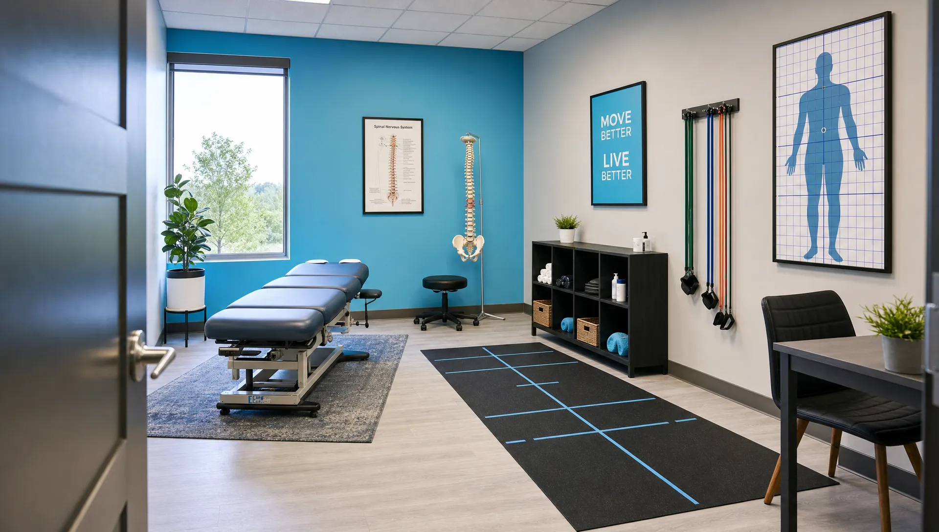 A calm chiropractic treatment room with an exam table, an anatomical spine model, resistance bands, and space for posture and mobility assessment, seen from the doorway with a clear view of the floor space used for movement screening.