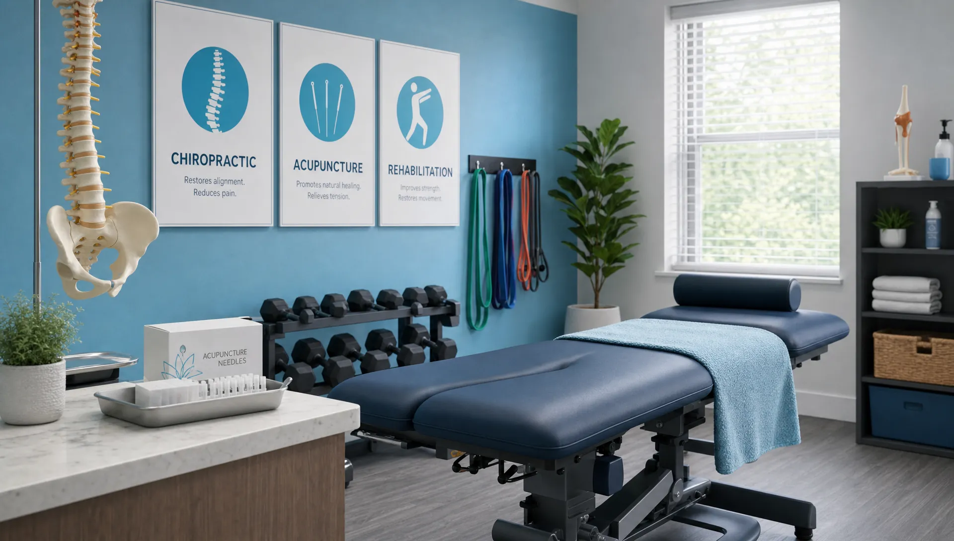 A calm integrative treatment room with a spine model, acupuncture supplies, resistance bands, and a padded treatment table, showing how chiropractic care, acupuncture, and rehabilitation can work together for pain relief.