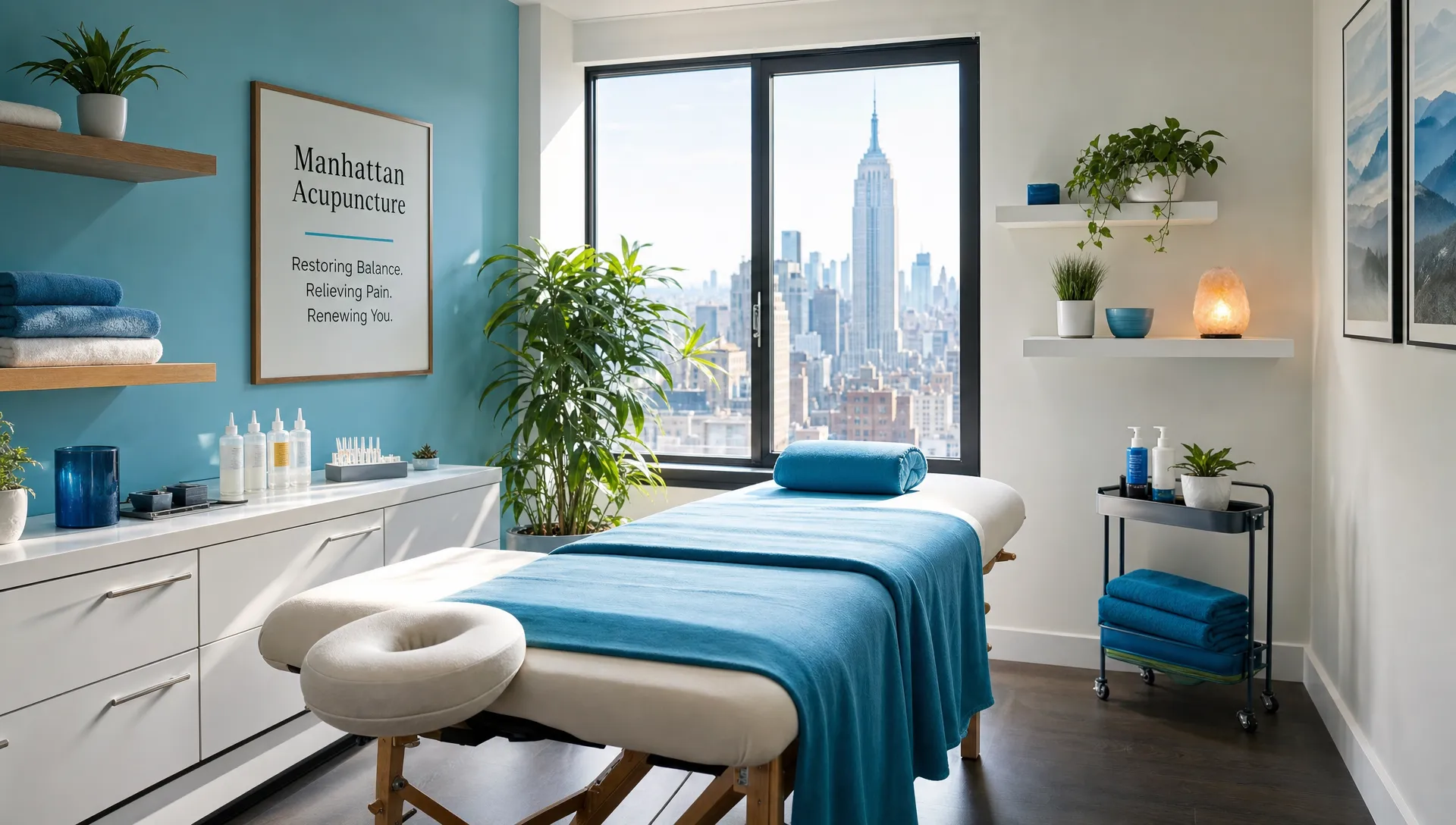 A calm Manhattan acupuncture room with a treatment table, clean supplies, and a peaceful setup for relaxation and pain relief.