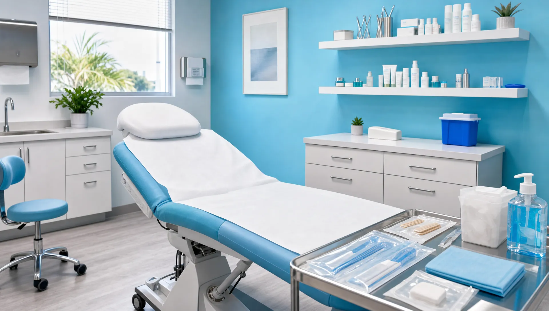 Chinese Medicine in Chinatown: Choosing Care With Confidence 1 A calm treatment room shows a clean exam table, sealed supplies on a side tray, and neatly arranged clinical tools on wall shelves.
