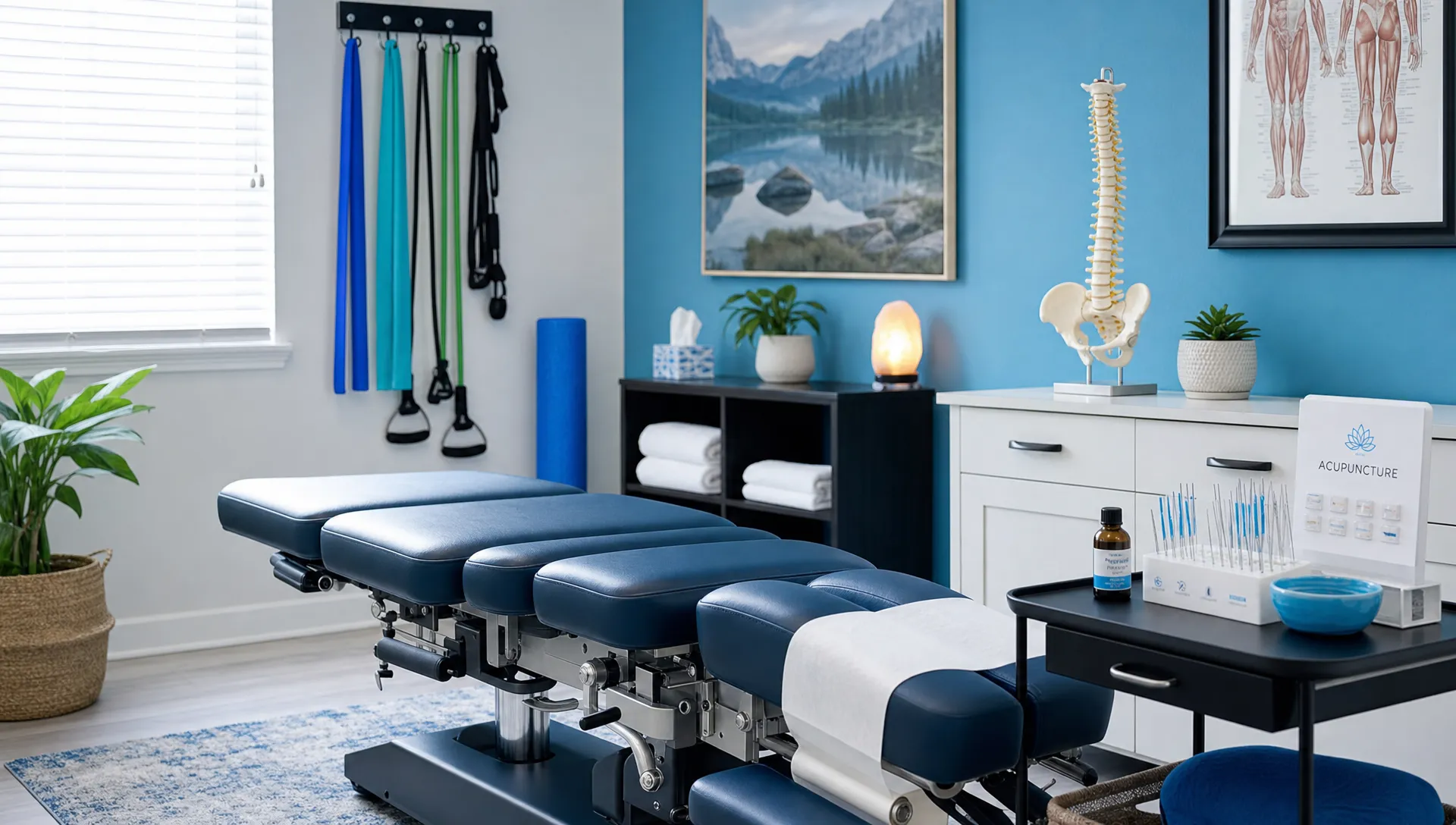 A calm treatment room with a chiropractic table, exercise bands, acupuncture supplies, and a small anatomical spine model arranged neatly to represent integrated natural pain relief care.